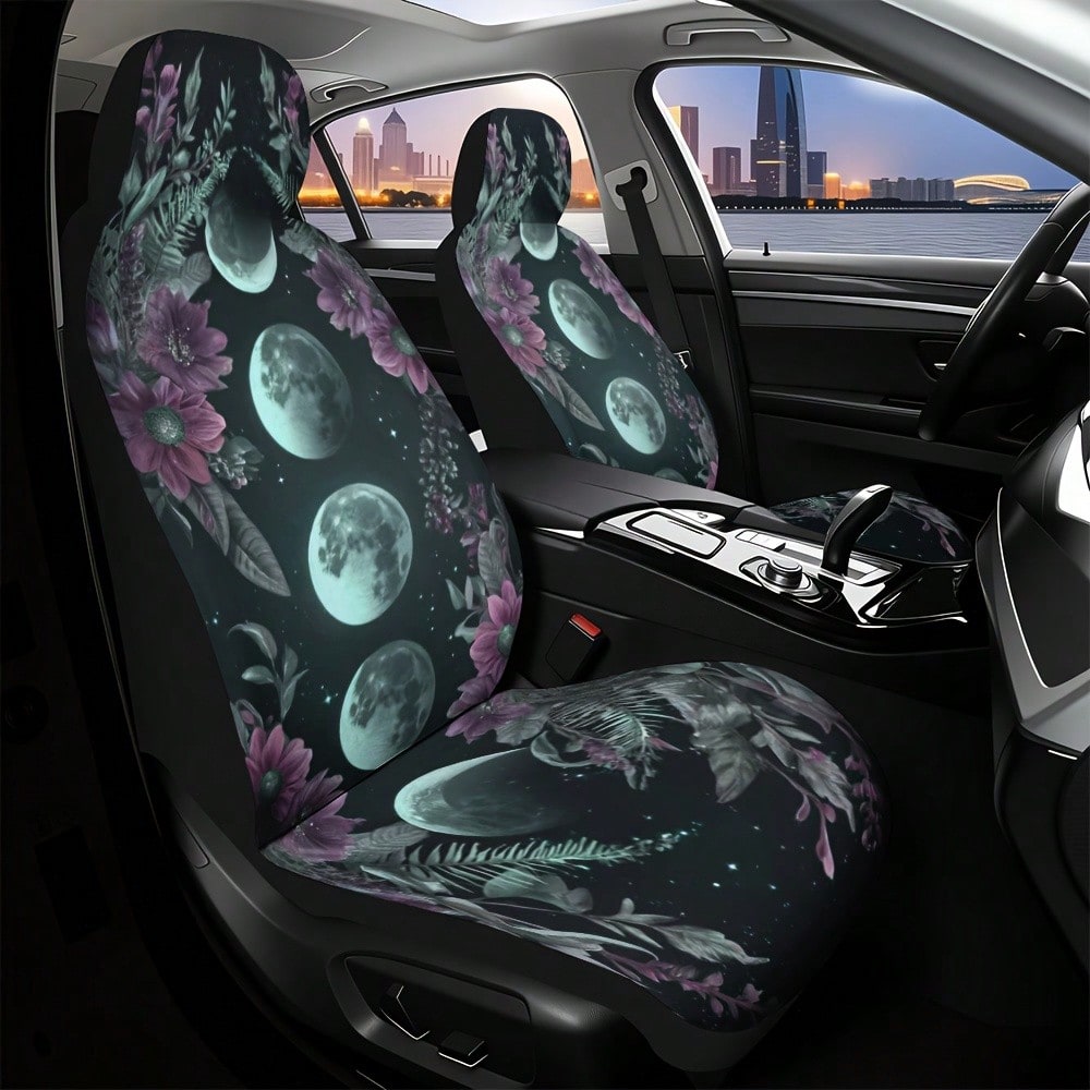 1/ 2 Pcs Moon Phase Floral Print Car Seat Covers, Breathable & Comfortable, Easy To Install & Clean, All-Around Seat Protection, Compatible With Most Vehicle Models, Celestial Boho Style, Automotive