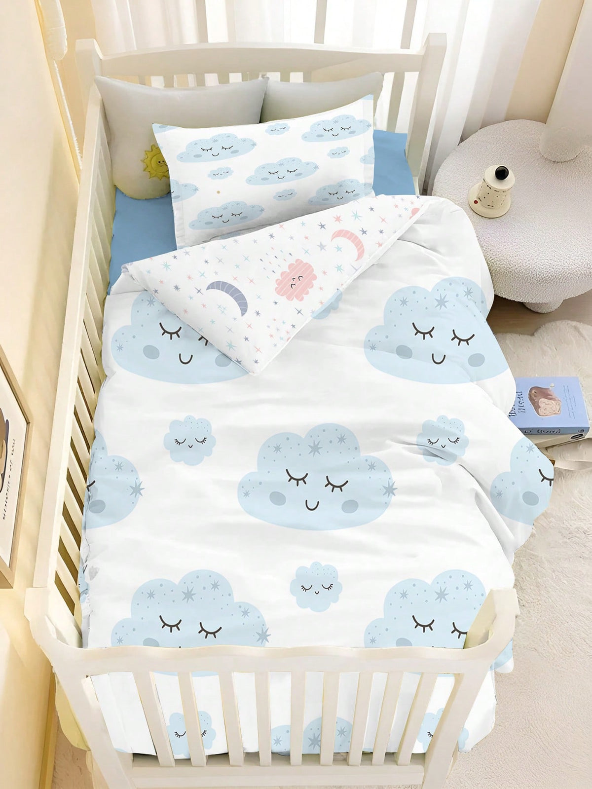 1/2pcs Set Reversible Cute Blue Cloud Baby Bedding Set- Soft Hypoallergenic Baby Crib Sheet & Duvet Cover Set With Smiling Face And Star Pattern, Essential For Children