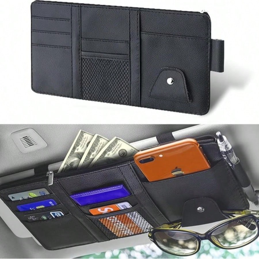 1-Piece Car Sun Visor Storage Bag/Eyeglass Clip- Multi-Functional Sun Visor Storage Bag With Zipper Design, Suitable For Sunglasses, Cards, Pens, Documents, Car Receipts, ID Cards, Truck Sun Visor St