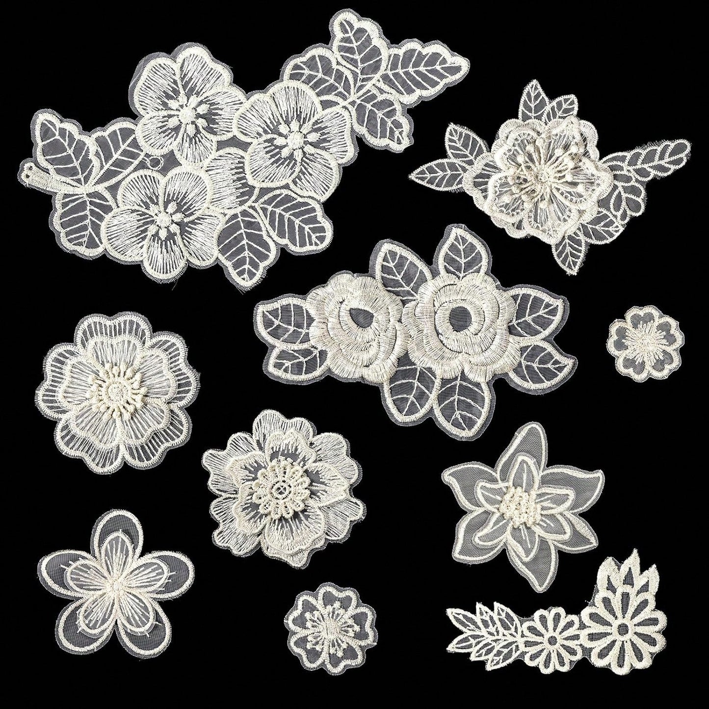 10pcs/Pack Mixed Beige & White Organza Lace Floral Applique Patches For Wedding Dress & Gown Decoration