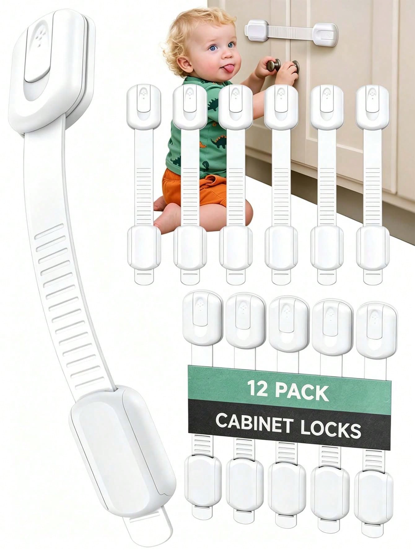 12/10/8-Piece Child Cabinet Locks, Adjustable Baby Drawer Locks With Adhesive Backing, Infant Safety Locks For Cabinets, Drawers, And Refrigerators