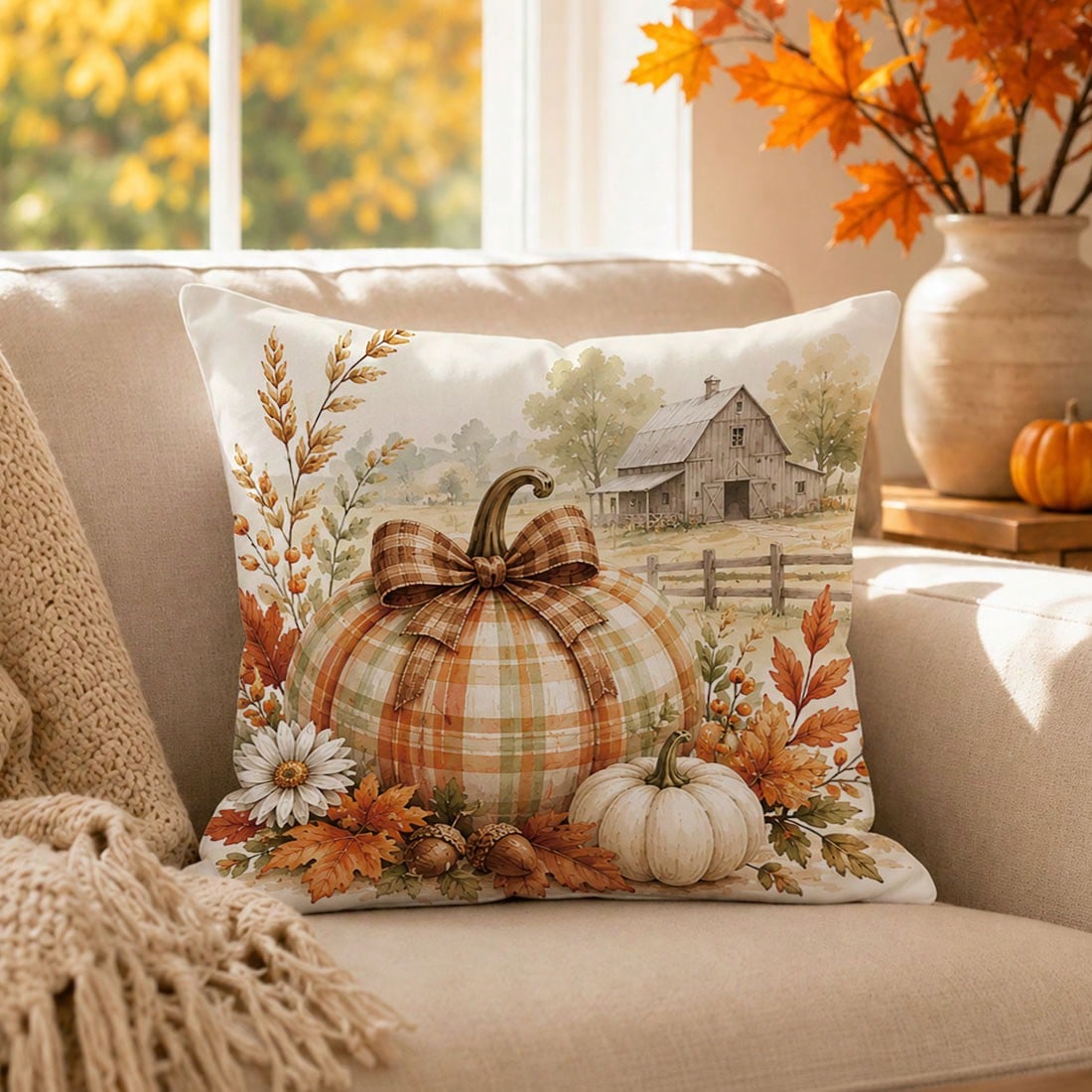 1pc Autumn Vintage Farm Pumpkin Leaf Cushion Cover, Single-Sided Printed Peach Skin Polyester Material, 45*45CM/18*18inch Pillow Case Suitable For Room Decoration, Modern Minimalist Sofa Living Room D