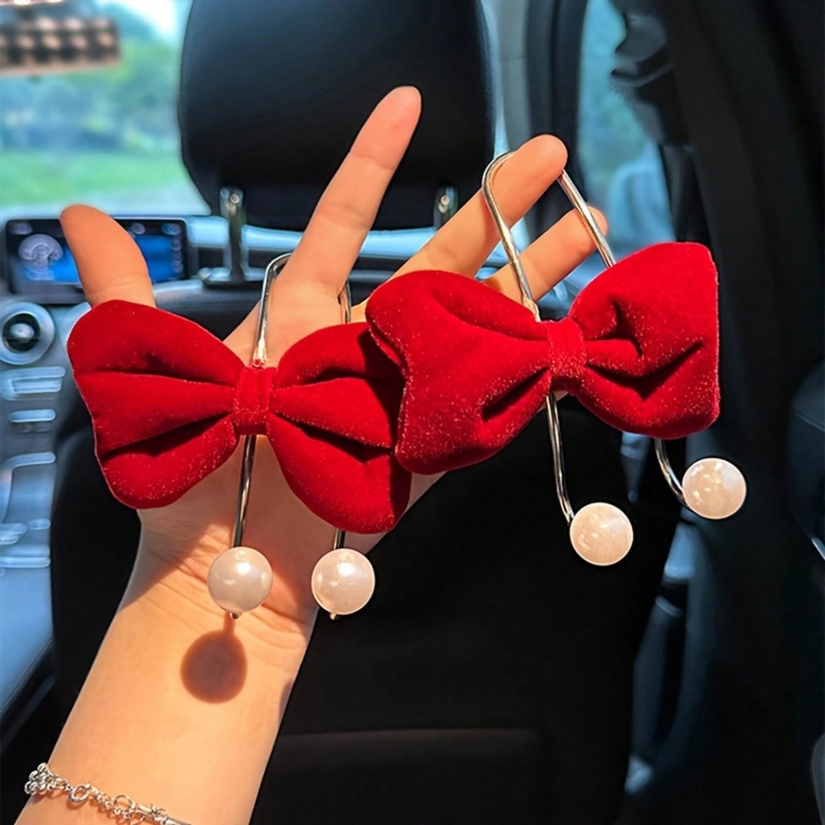 1pc Bowknot Pearl Car Seat Back Storage Hook Bag- Rear Seat Multi-Functional Storage Net, Women's Car Interior Accessory