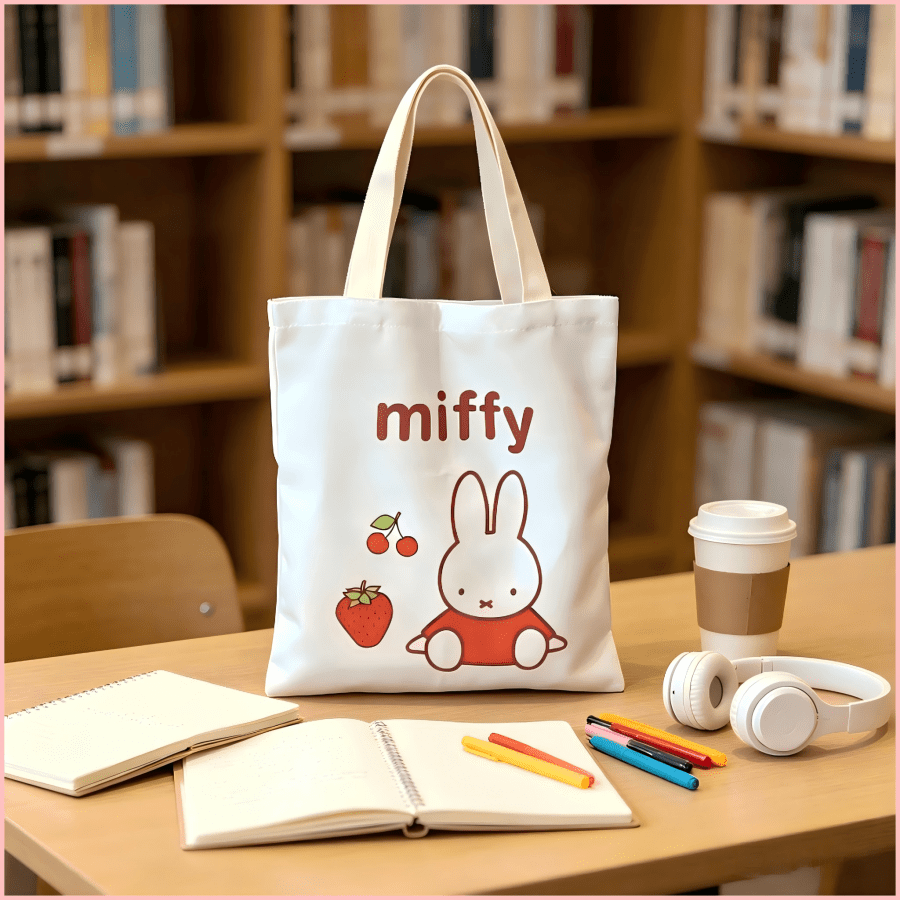 1pc Cute Miffy Cartoon Canvas Tote Bag, Large Capacity Shoulder Bag With Strawberry And Cherry Pattern, Portable Daily Commute And School Handbag, Perfect Holiday Gift For Girls And Teenagers