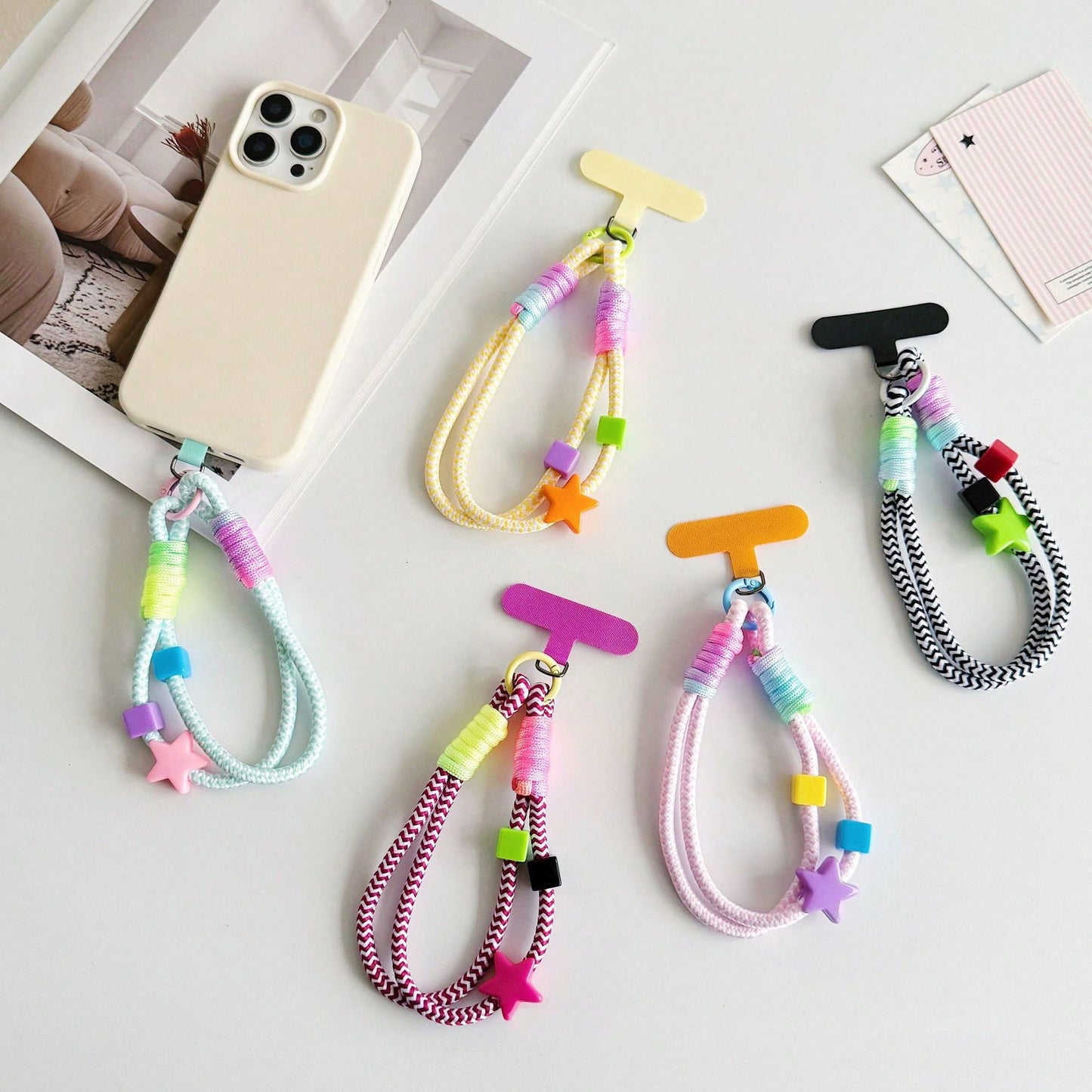 1PC Dopamine Pentagram Keychain Pendant Handbag Chain Clip Connector Shell Pentagram Handmade Woven Wrist Strap Short Camera Sturdy Durable Anti-Loss Detachable Phone Lanyard With Clip (Gradient Head