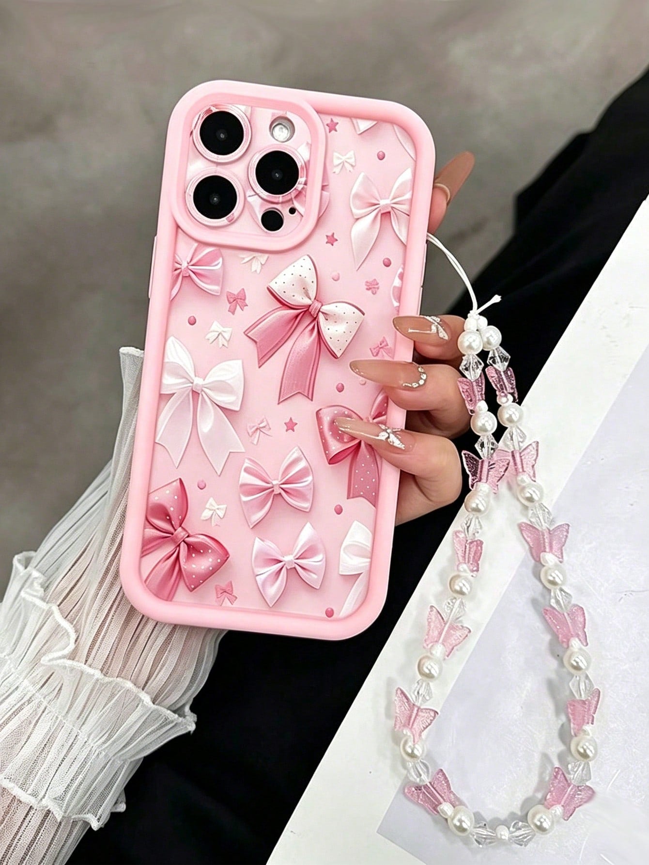 1pc Fashionable Cute Butterfly Painted Pink Butterfly Strap Shock-Proof Thick Phone Case With Butterfly Lanyard, Anti-Slip Anti-Drop Anti-Shock Durable Protective Cover For IPhone 17/17Pro/17ProMax/16
