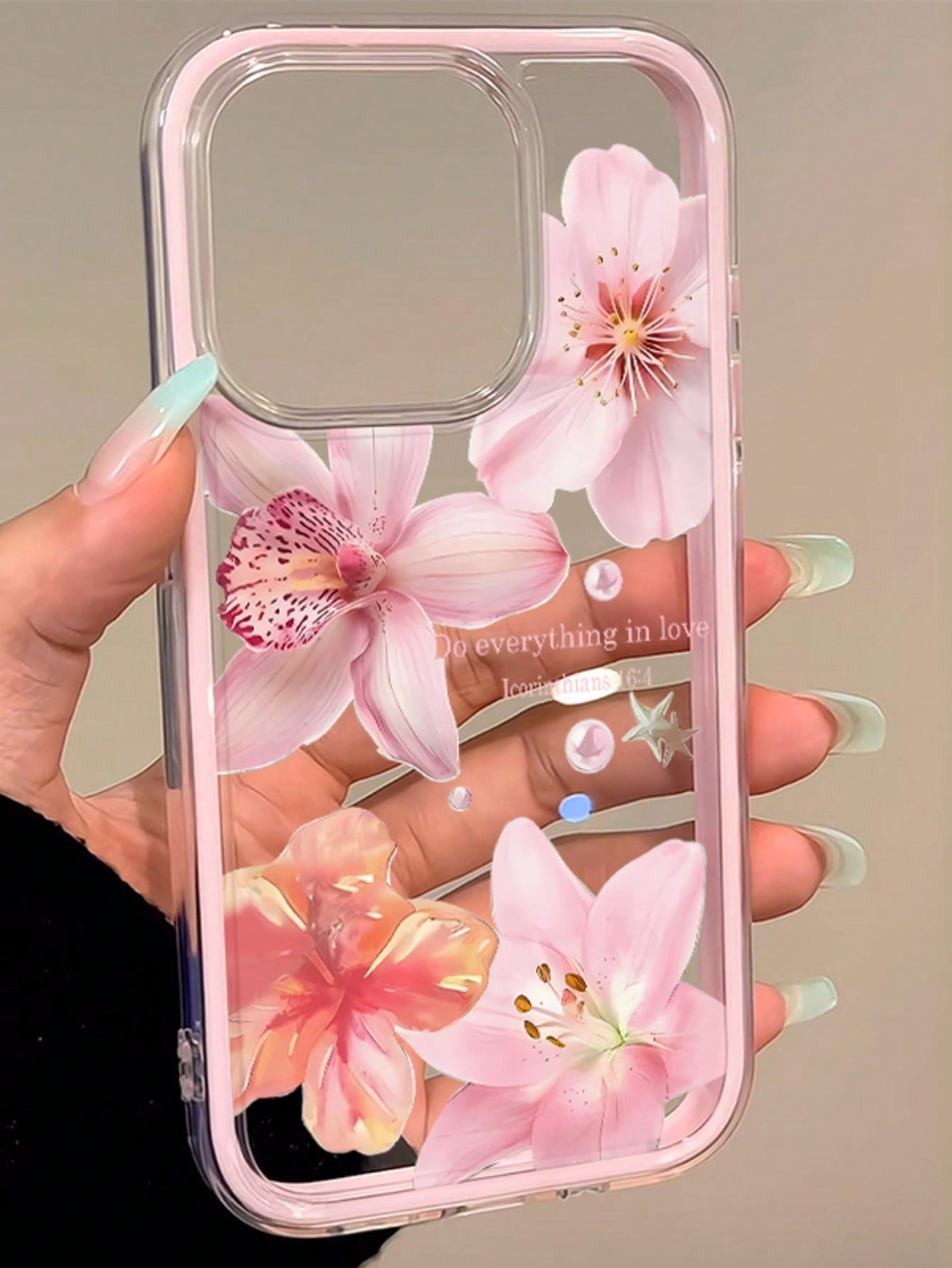1pc Lily Flower English Text Pattern Pink Frame Shockproof Transparent Full Coverage TPU Phone Case Compatible With Iphone 11 12 13 14 15 16 17 Pro Max, A56/55/54/53/52/51, S26/25/24/23/22/21 Ultra, E