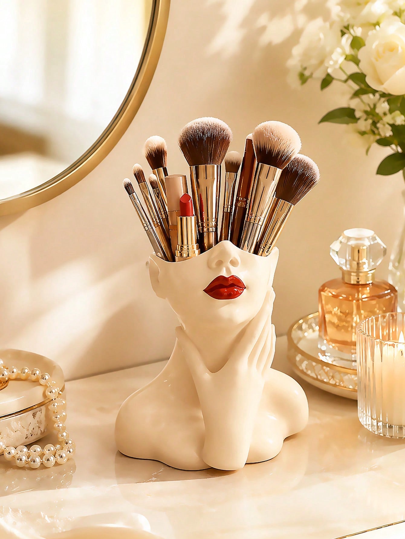 1pc Makeup Brush Storage Box- Elegant Red Lip And Face Makeup Organizer With Brush Holder, No Assembly Required, Suitable For Home, Salon And Office- Can Store Makeup Brushes, Eyebrow Pencils And Li