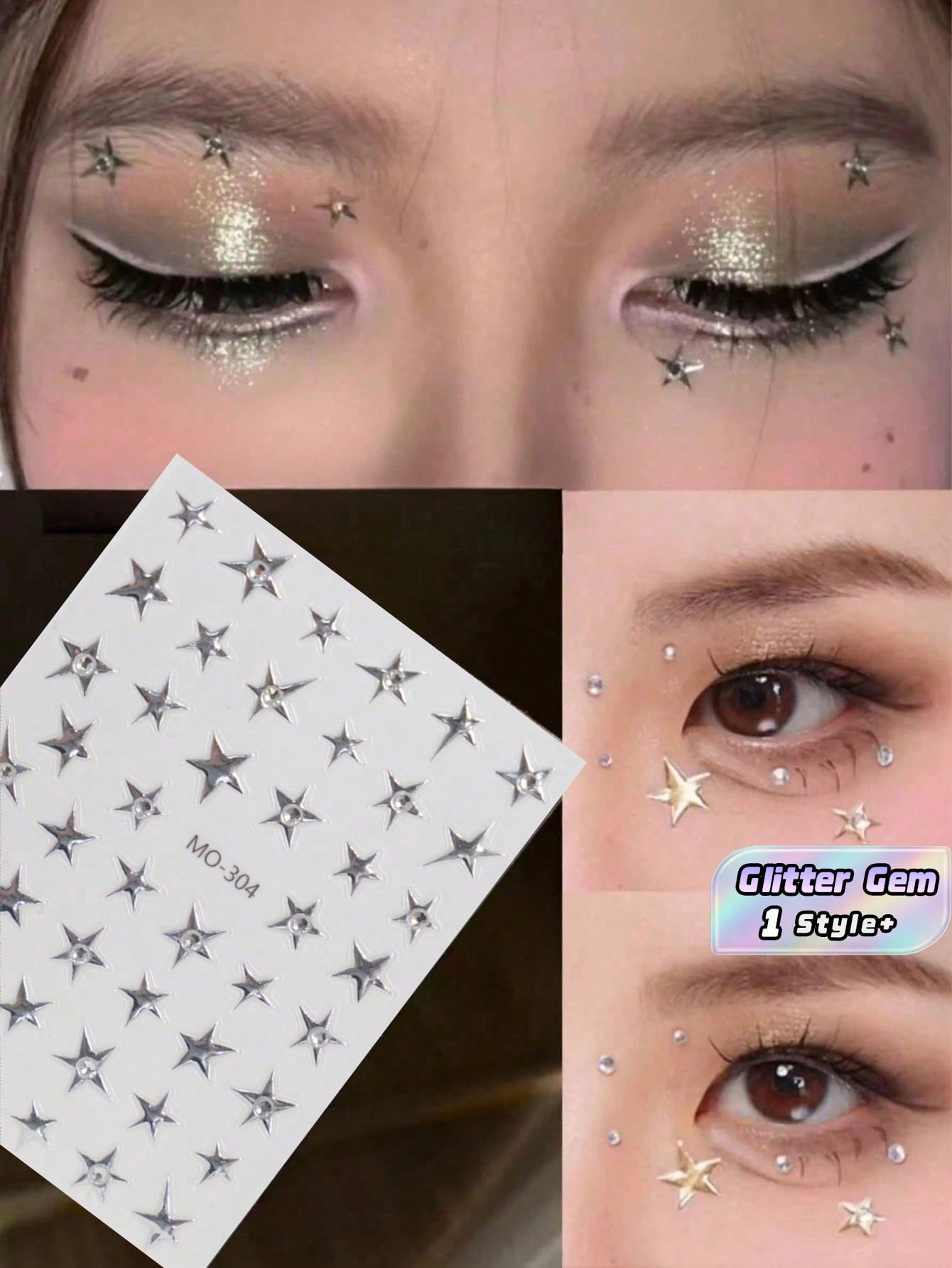 1pc Star Sticker Face Jewelry, Metallic Silver Color With Rhinestone Five-Pointed Star Face Sticker, Suitable For Music Festival Makeup, Sparkling And Versatile For Y2K, Kpop, Carnival, Face Decoratio