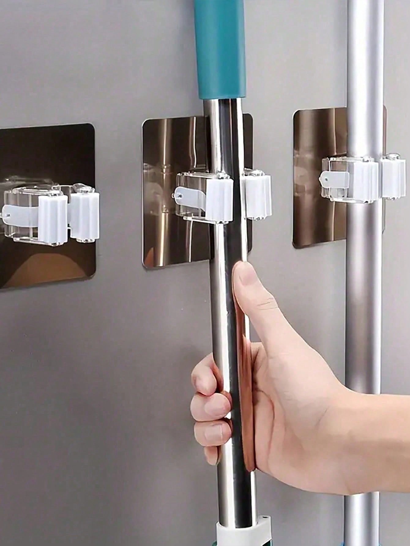 2/4/6/8pcs No-Drill Mop Holder For Wall- Heavy Duty Adhesive Broom Organizer For Kitchen & Bathroom. Waterproof Design Secures Mops, Brooms & Umbrellas Without Drilling. Adjustable Clips Fit Various