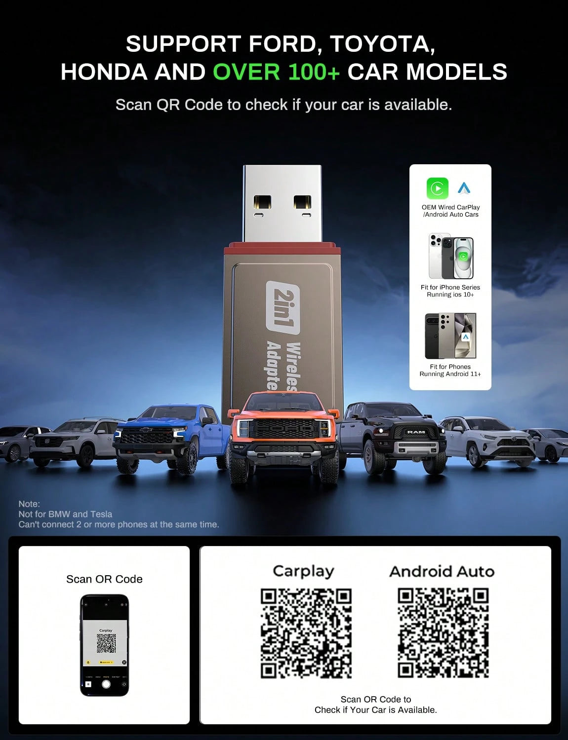 2-In-1 Wireless CarPlay & Android Auto Adapter, Plug & Play CarPlay Dongle Converts Wired To Wireless, Fast Auto-Connect, No Delay, Compact Design For IPhone & Android With USB/USB-C Port