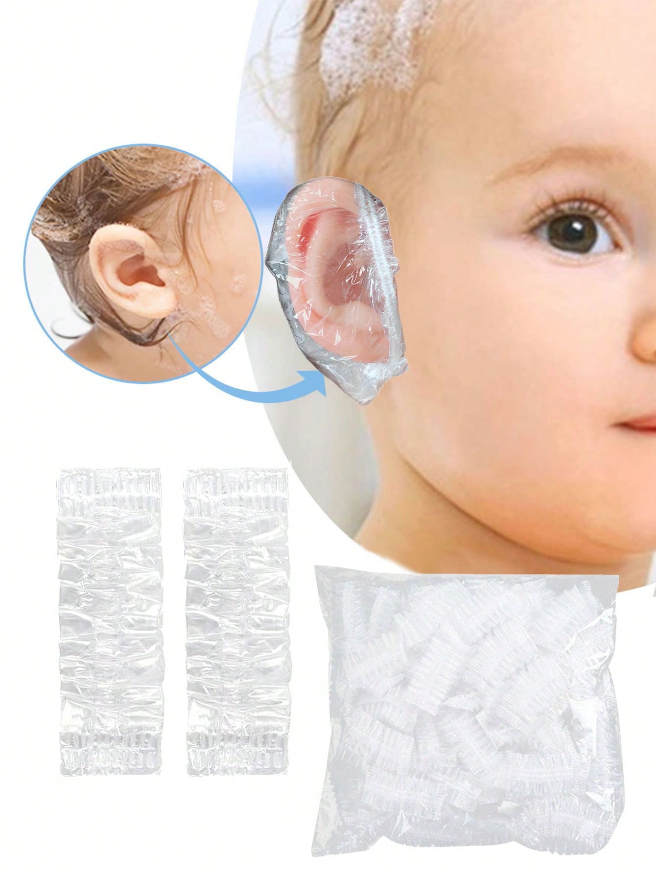 200pcs/100pcs-Extended Size: 10cm/3.9in Baby Transparent Disposable Ear Covers, Elastic Transparent Shower Water Ear Covers, Newborn Essentials, Bathing, Baby Bath, Swimming Ear Covers, Suitable For C