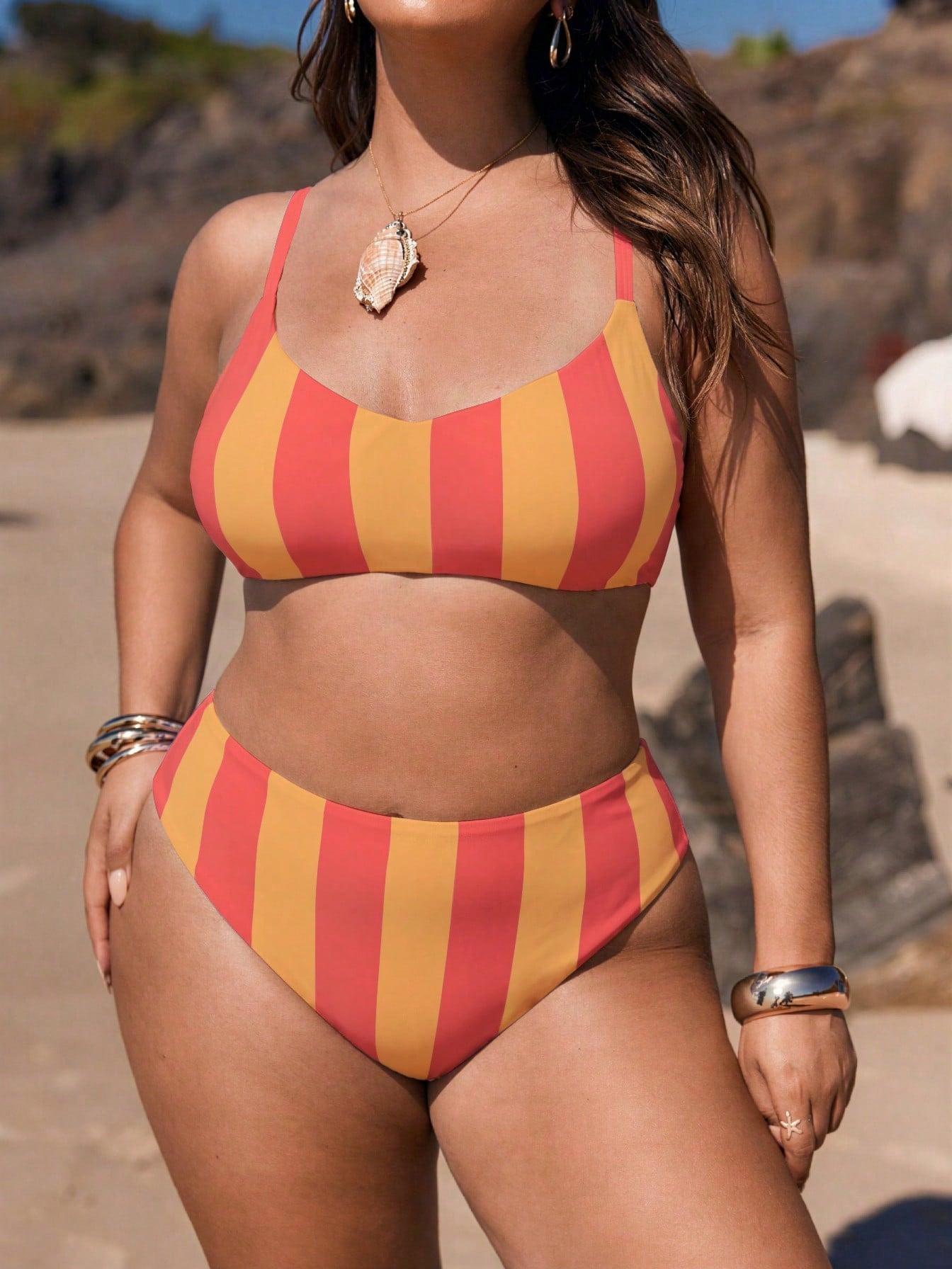 2026 Summer New Plus Size Women's Red & Yellow Wide Vertical Stripe Print Bikini Set, Random Print Shoulder Straps, Fresh Sweet Style Two Pieces Swimsuit, High Waist Tummy Control, Fashionable & Versa