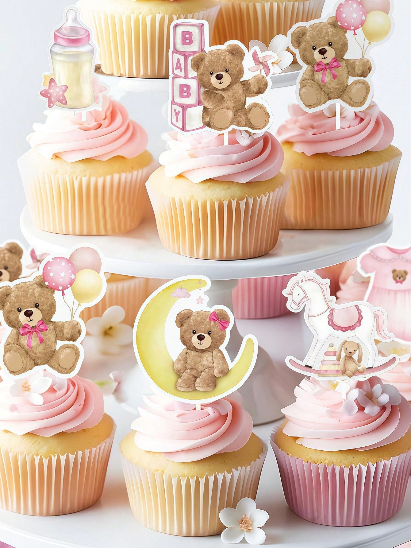 24PCS Baby Shower Bear Cupcake Toppers,Baby Party Supplies,Birthday Decorations,Selection Baby Bear Theme Baby Shower Decorative Supplies Jungle Animal Theme Baby Shower Birthday Party Cake Decorative