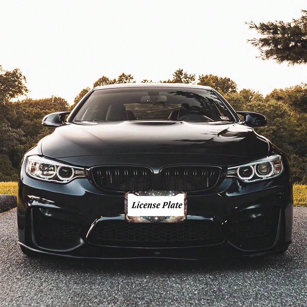 2PC Moon Stars License Plate Frame Colorful Moon Phase License Plate Funny Aluminum Auto Parts Beautiful License Plate Decoration Holes Screws Size 12 X 6