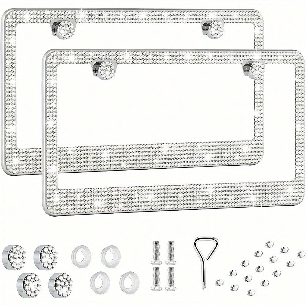 2pcs 2025 Luxury Stainless Steel License Plate Frame With Sparkling Acrylic Rhinestones- Premium 2-Hole Design With Complete Installation Hardware, Heavy Duty 304 Stainless Steel Construction, Anti-F