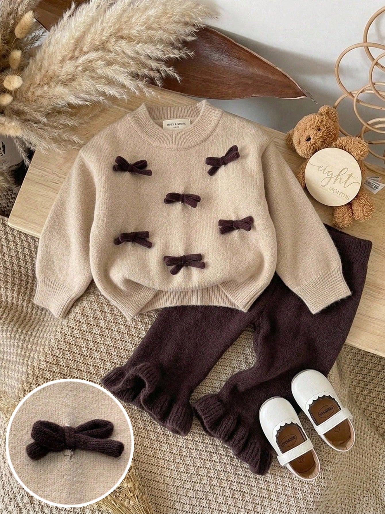 2pcs Baby Girl Elegant 3D Bow Decor Pullover Long Sleeve Autumn Winter Top And Solid Color Ruffle Hem Long Pants Set