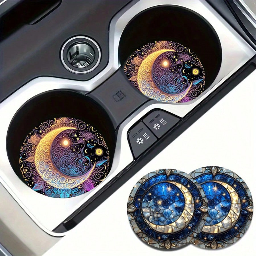 2pcs Colorful Moon Car Cup Holders, 2.8 Inch Round Decorative Car Cup Mats, Home And Auto Drink Coasters, Unisex Car Interior Accessories, Decorative Coasters, Suitable As Gifts For Family And Friends