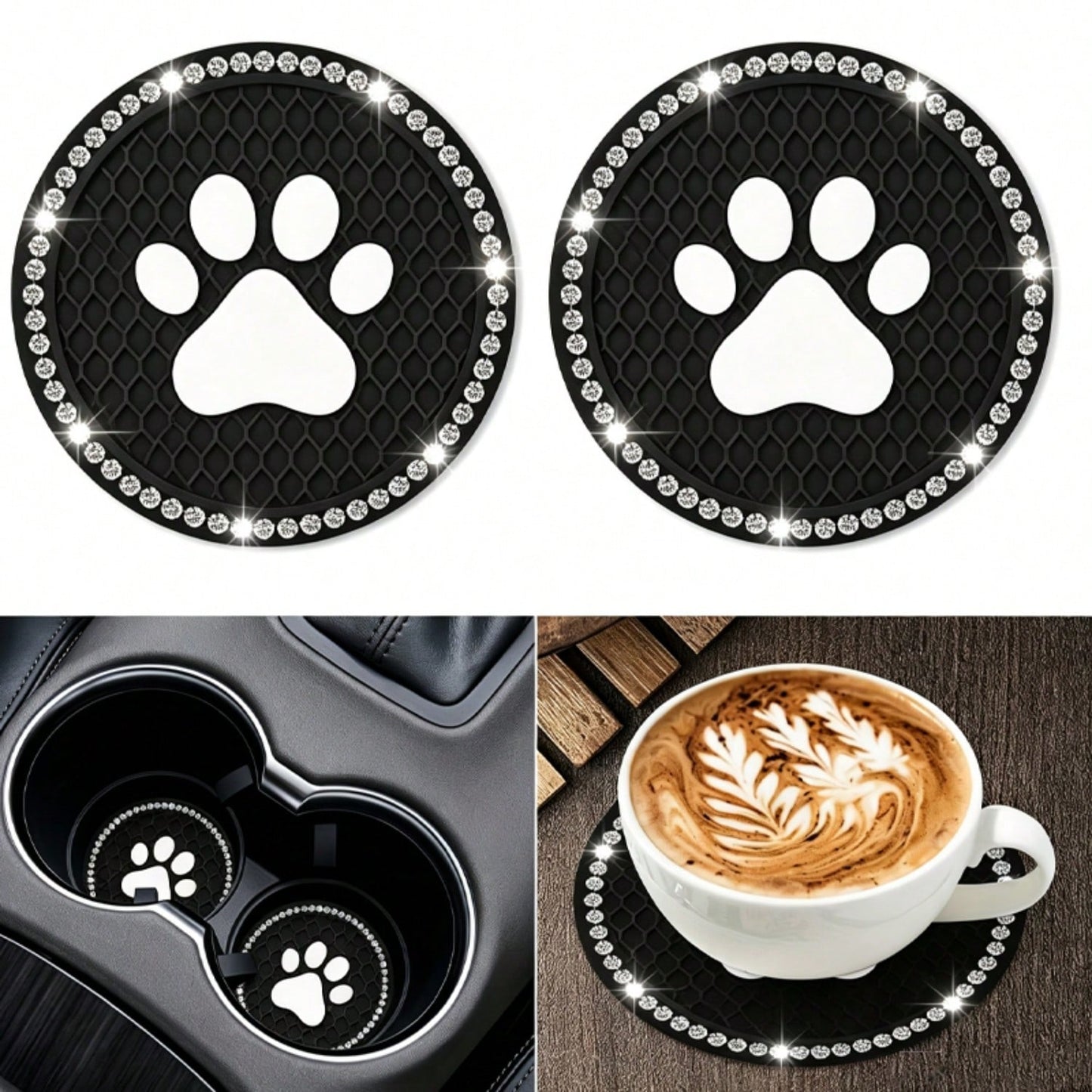 2pcs Shiny Rhinestone Car Cup Holder Pads, Cute Paw Print Pattern Non-Slip Crystal Diamond Cup Coasters, Suitable For Various Cup Holder Sizes, Perfect For Home, Office And Vehicle Use