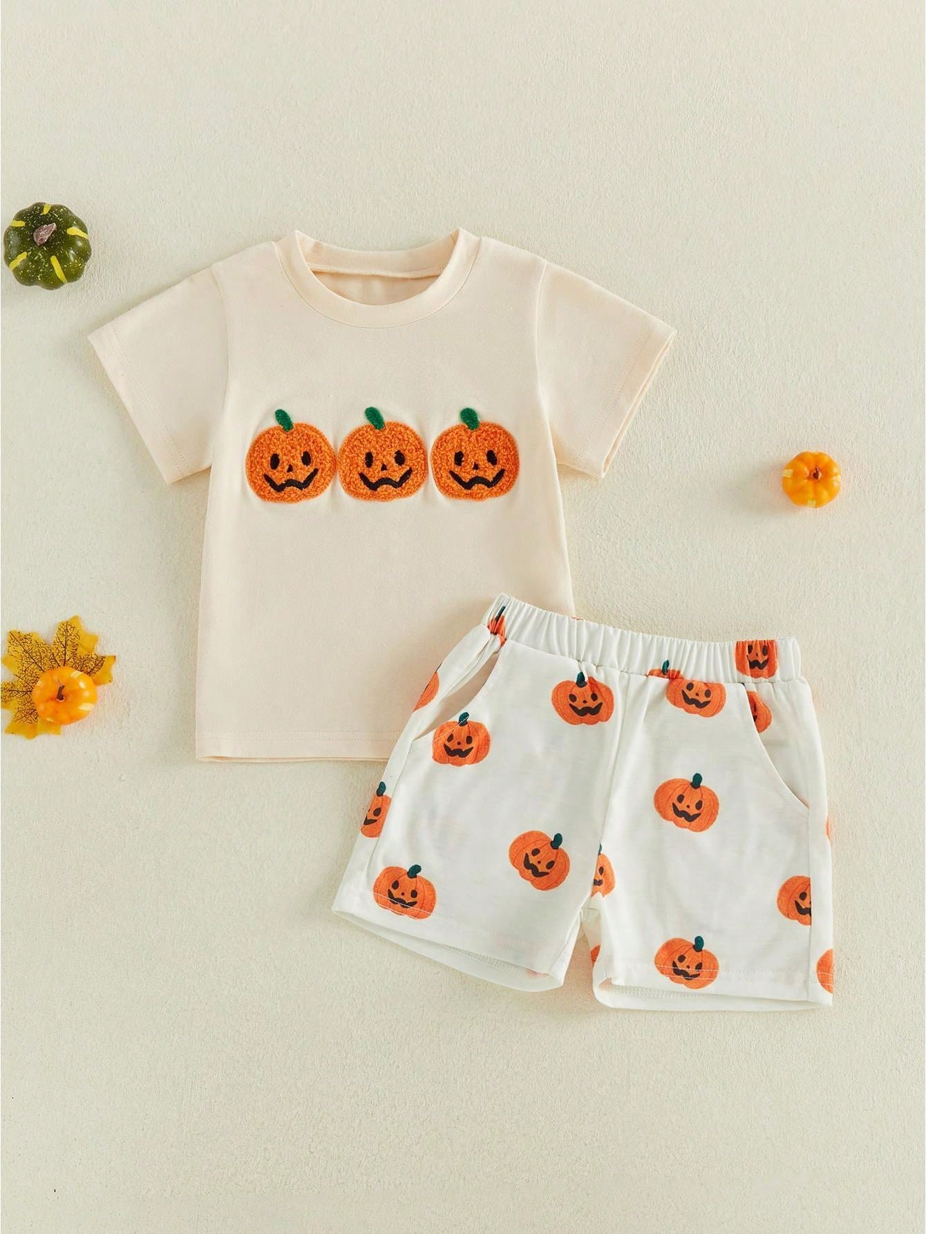 2pcs Toddler Baby Boy Girls Halloween Outfits Shorts Set Pumpkin Embroidery Short Sleeve Tops + Shorts 6M-4T Kids Casual Clothes