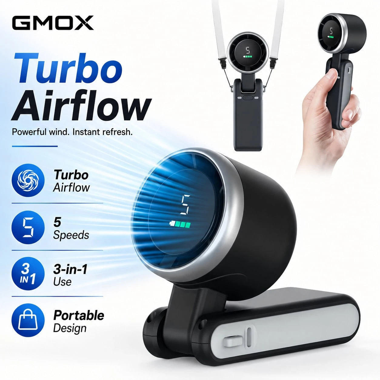 3-In-1 Foldable Handheld Fan 3600mAh Rechargeable Portable Neck Desk Fan LED Display 5-Speed Cooling Travel Makeup Summer Essential
