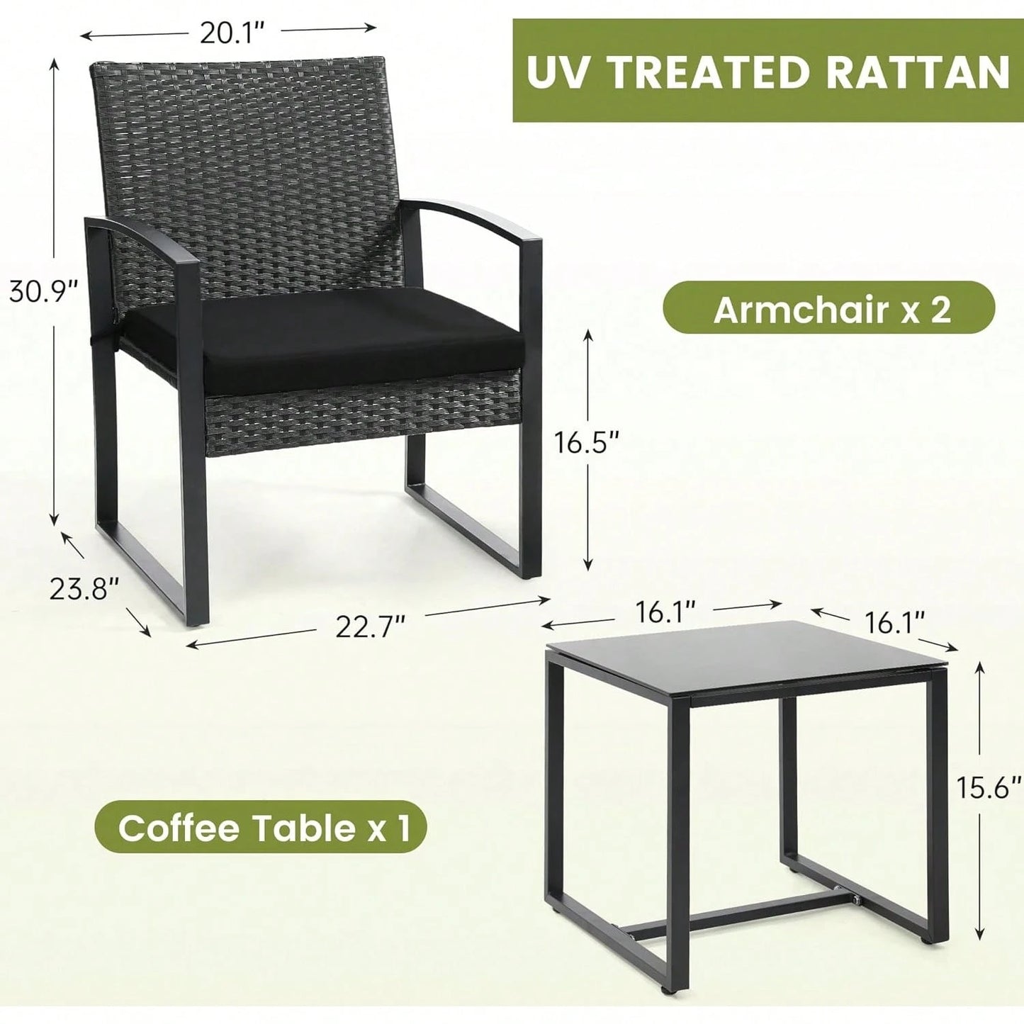3-Piece Wicker Bistro Set, Rattan Patio Conversation Set With Coffee Table, For Backyard Garden Poolside, Black Frame & Black Cushion
