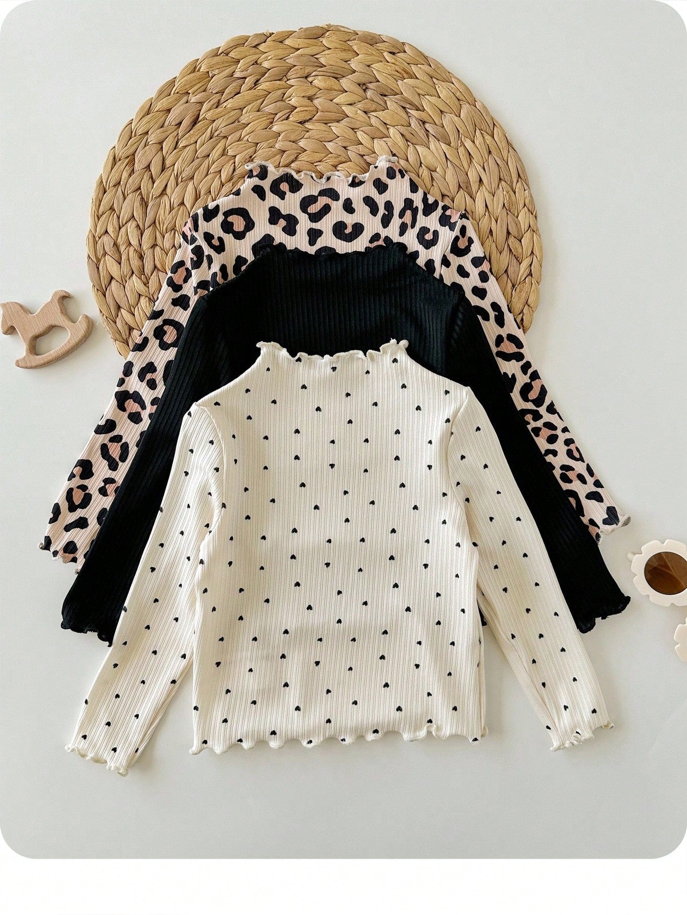 3pcs Baby Girls Casual All-Match Leopard Print & Polka Dot Pattern Knitted Long Sleeve Tops Fall Winter