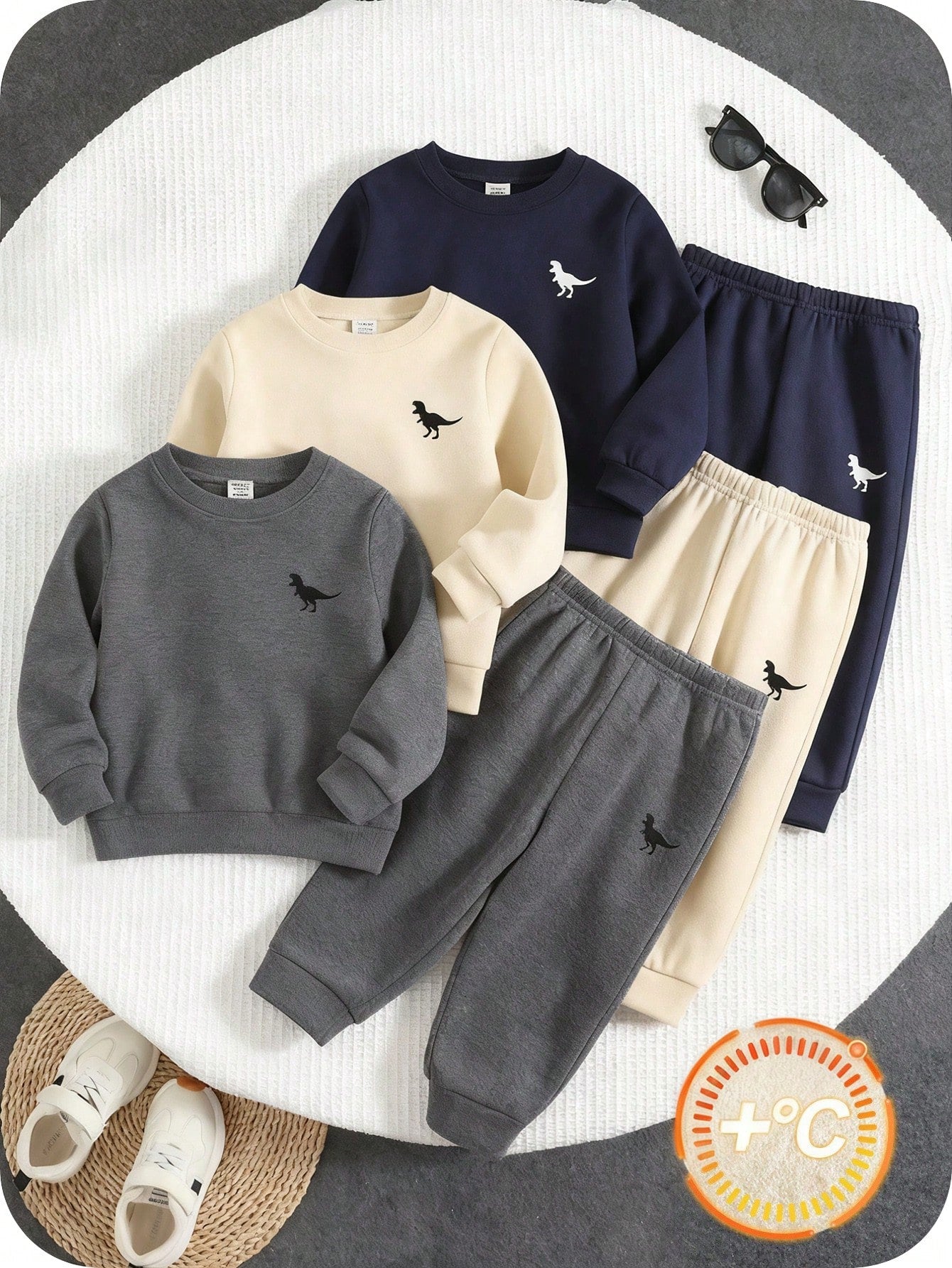 3pcs/Set Baby Boy Sweatshirts,Navy Blue,Summer,Casual Thickened Fleece Solid Color Dinosaur Print Crew Neck Long Sleeve,Comfortable Daily Wear,Autumn