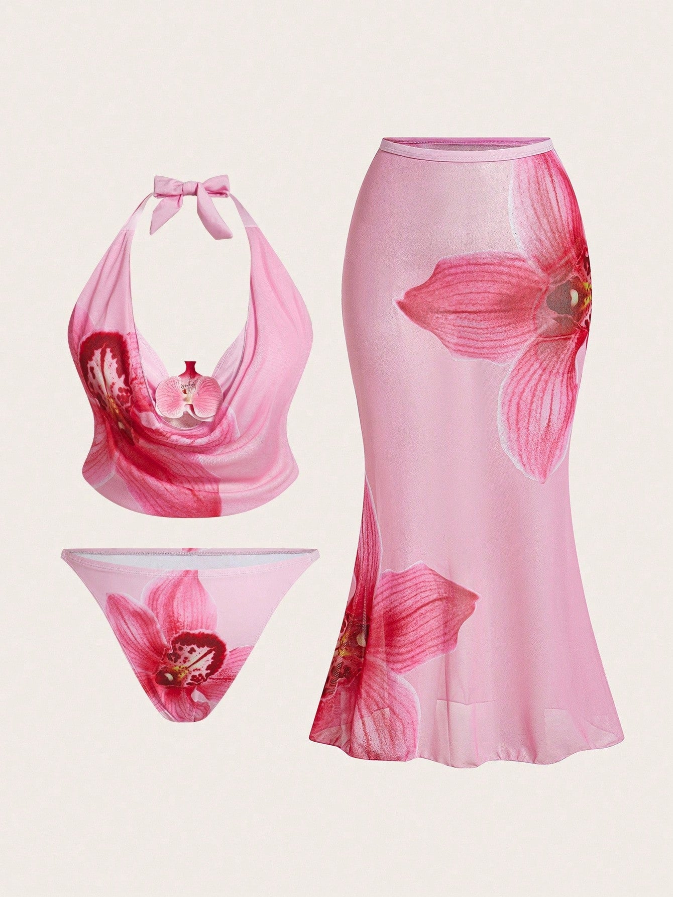 3pcs Swim Oasis Women's Vacation Floral Swimwear, Fashionable Sexy Deep V-Neck Spaghetti Strap Bikini Top And Mini Skirt Plus Size Set