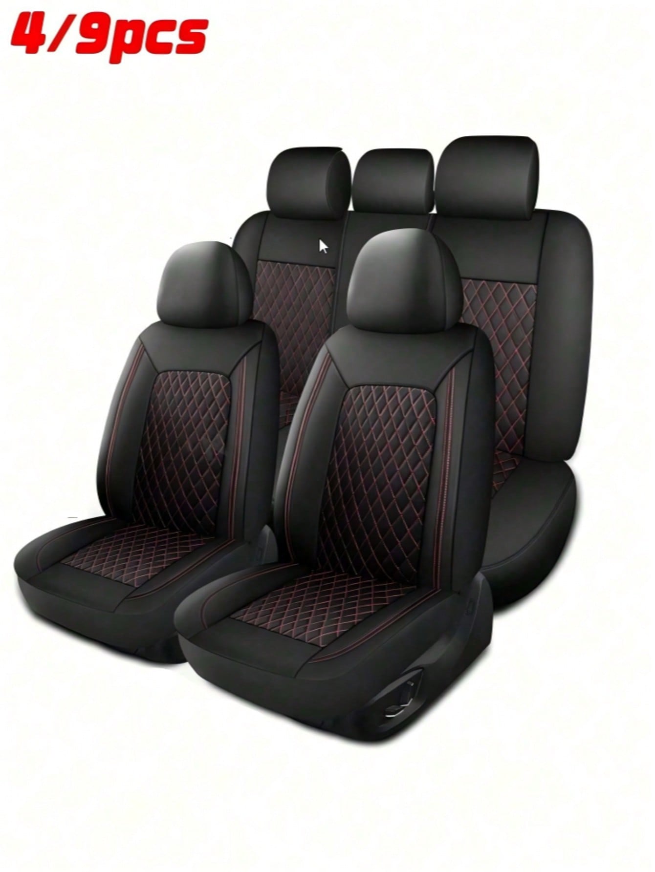 4/9Pcs PU Leather Car Seat Covers, Waterproof Breathable Seat Protectors, Universal For Sedan SUV Truck, Double Line Stitching Front Rear Seat Covers With Lumbar Support, Full Set With Headrest Covers