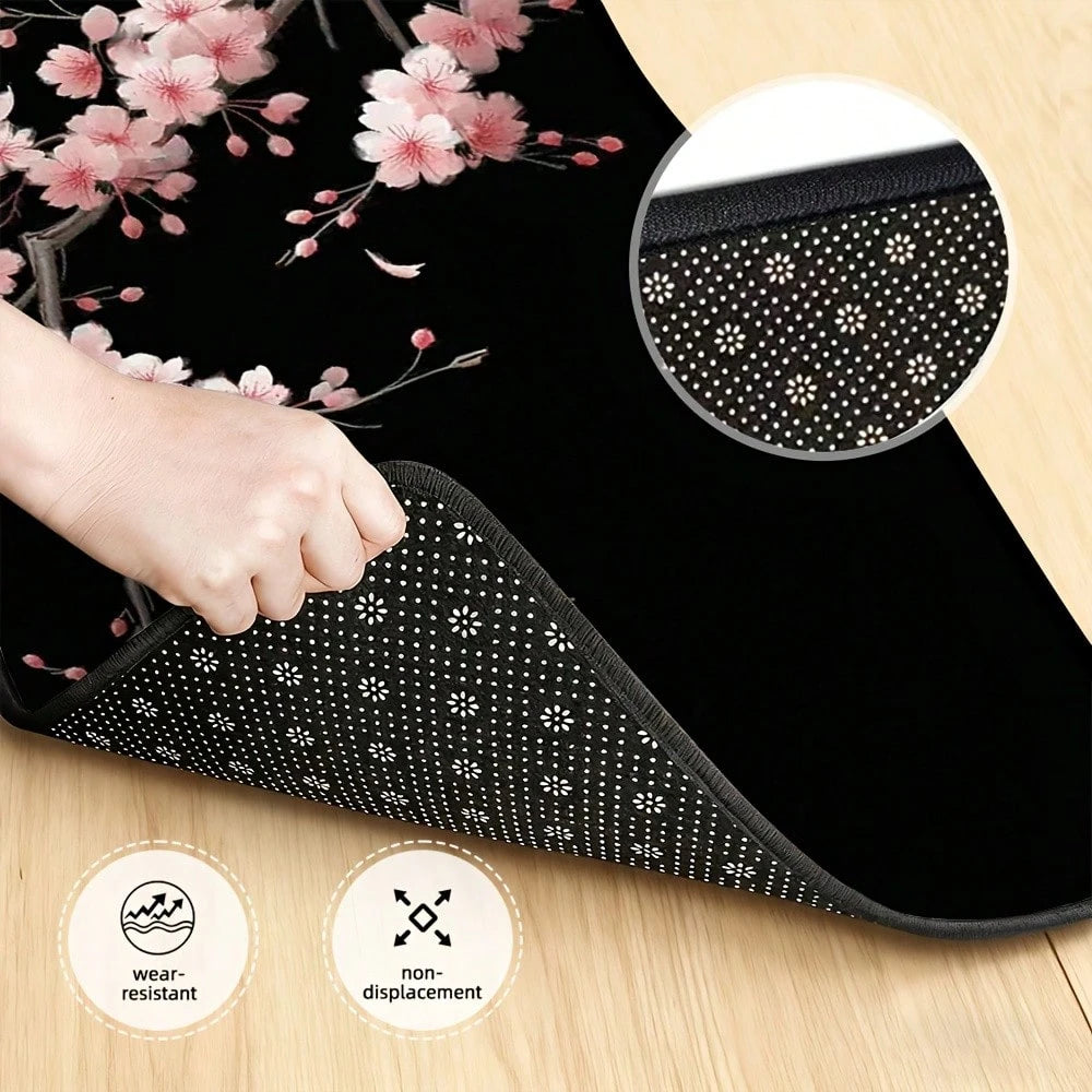 4-Piece Set Of Japanese-Style Cherry Blossom Car Floor Mats, Black With Pink Floral Design, Durable Polyester Car Mats, Suitable For Hatchbacks And SUVs, Easy-To-Clean Surface, Pet-Friendly And A Grea