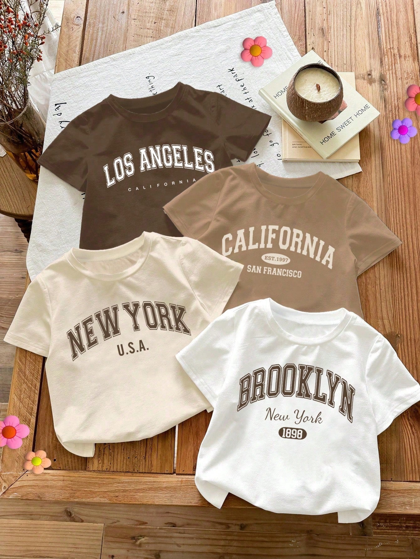 4pcs Cream & Beige Vintage Letter Graphic Round Neck Short Sleeve Basic T-Shirts