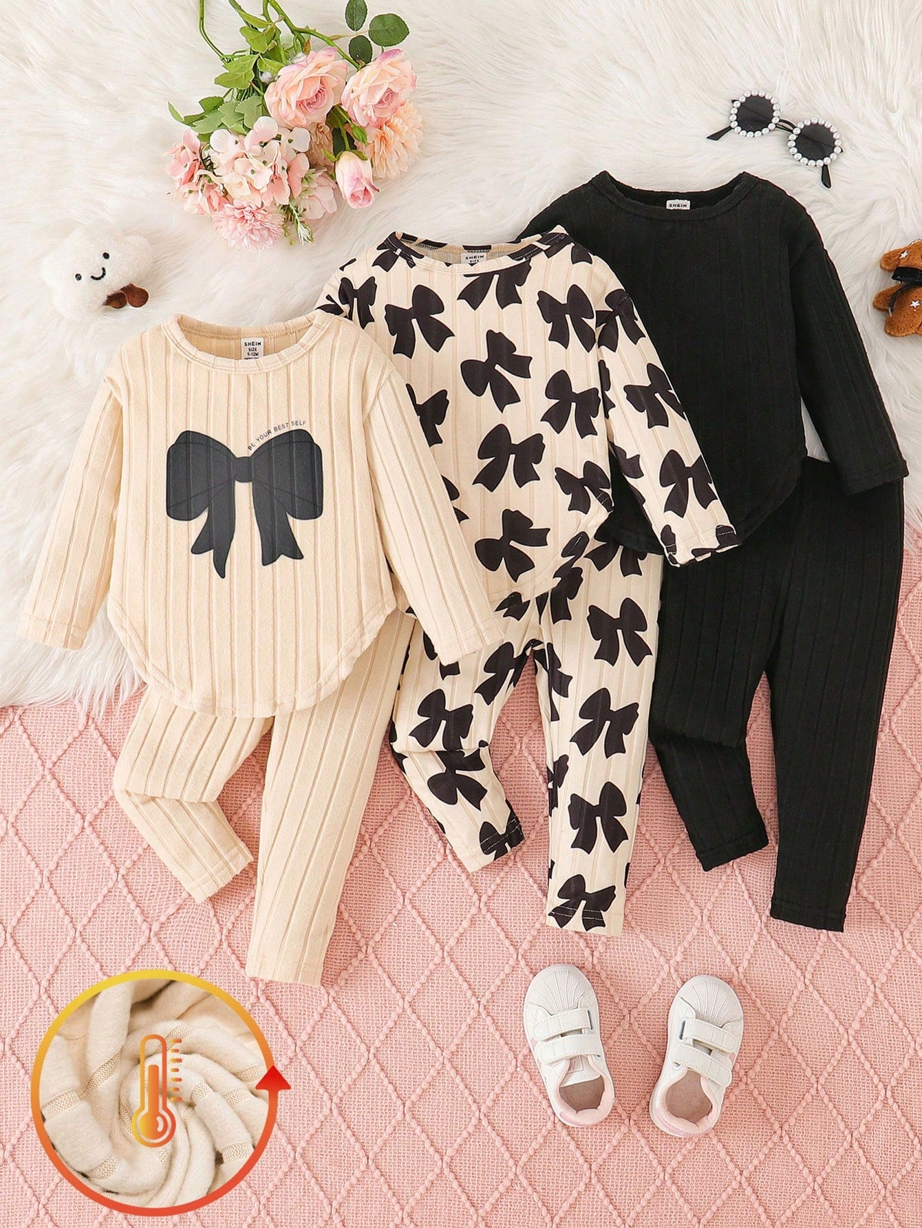 6pcs Baby Girls Bow Print Top With Curved Hem + Printed Solid Color Pants Set, Cute Casual Versatile Outfit For Autumn