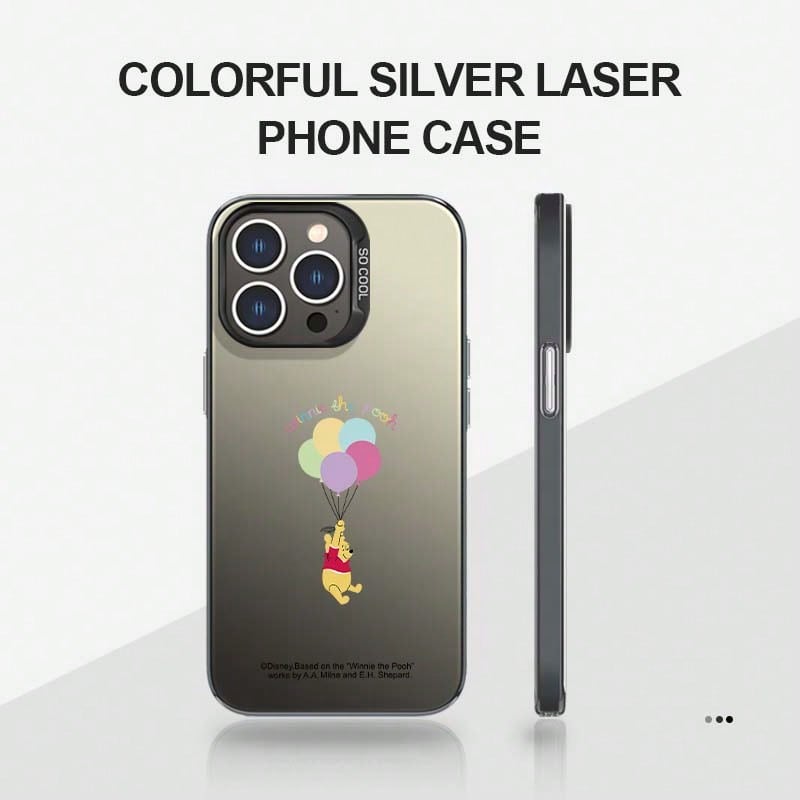 A Minimalist Unisex Black Phone Case With A Disney Winnie The Pooh Design, Made Of TPU In A Silver Finish. Comfortable To The Touch, Matte Finish, Cute And Exquisite, Balloon-Themed, Instagram-Worthy