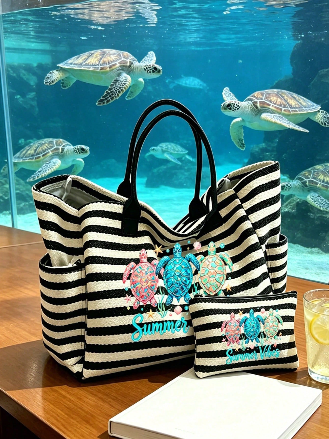 A Sublimation-Printed Tote Bag Featuring A Tropical Sea Turtle Design, This Large-Capacity Beach Tote Is Adorned With Images Of Tropical Turtles And Lettering