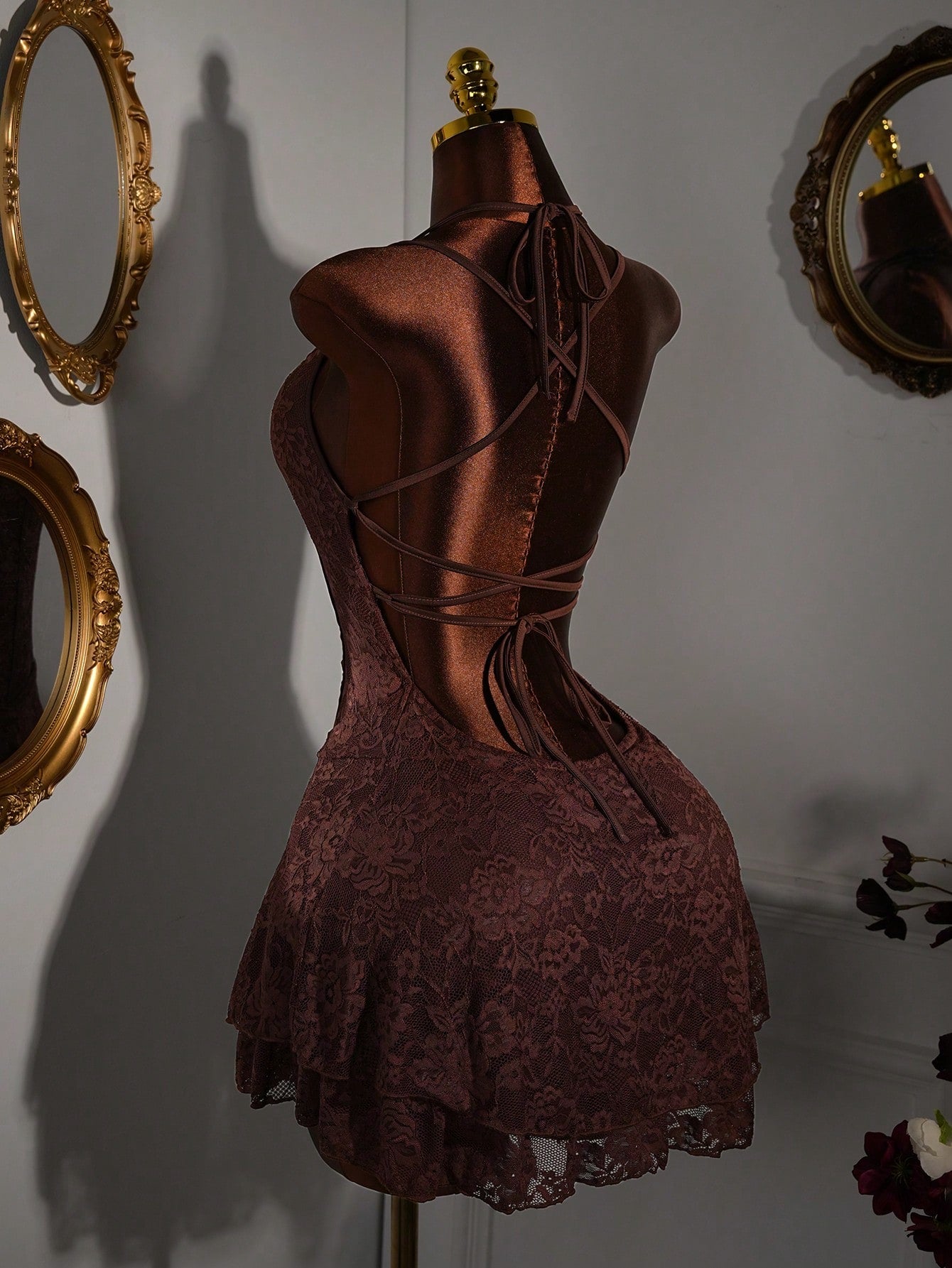 Amplova Y2K Brown Floral Lace Patchwork Bodycon Mini Dress,70s Vintage Sleeveless Heart-Shaped Bust Semi-Sheer Party,Summer Night Out Dresses