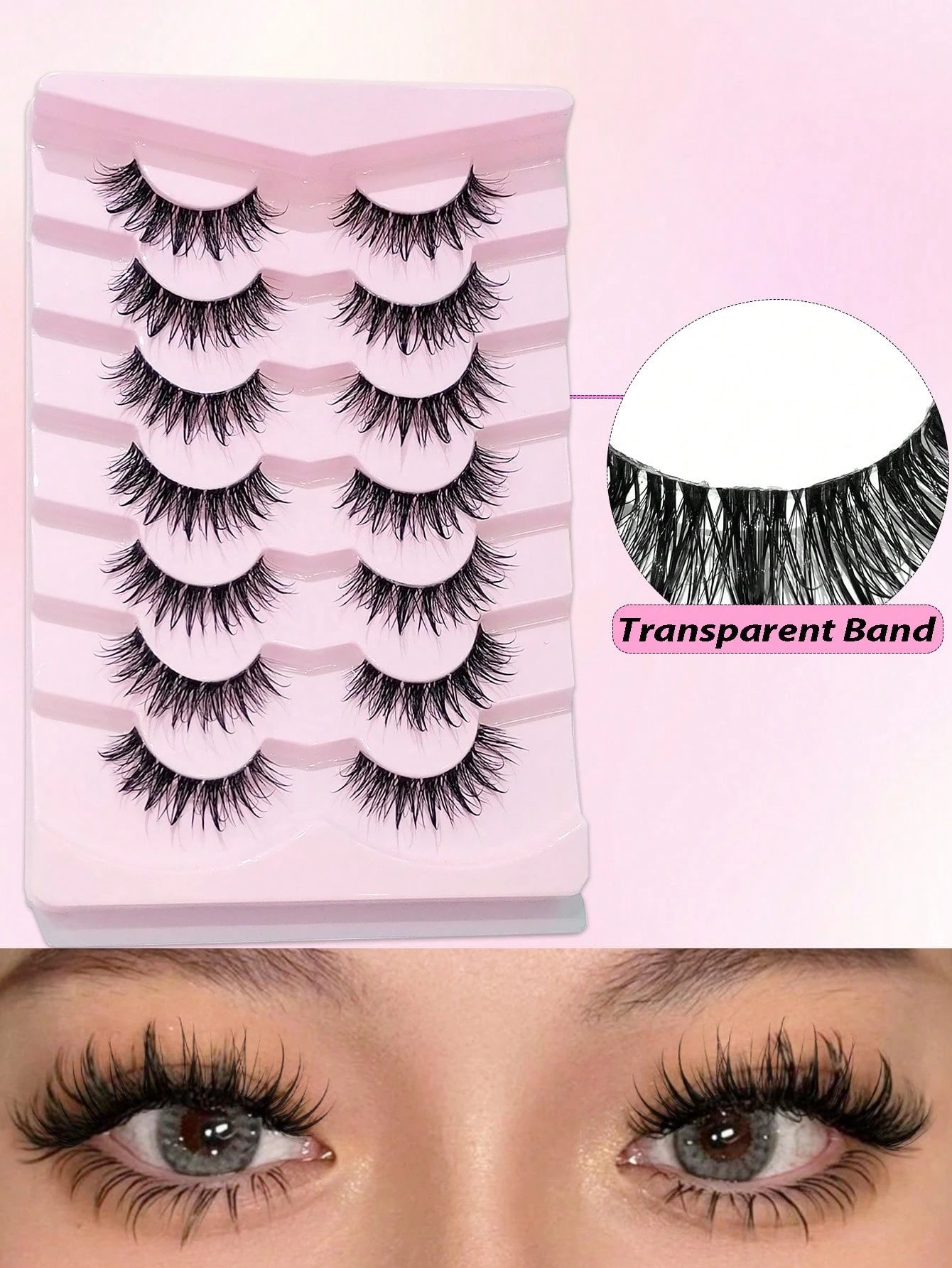 Asiteo 7 Pairs 20mm Cartoon Slim Natural Wet Effect Faux Mink Eyelashes, Transparent Band, Y2K Style 3D Fluffy Long Cat Eye Natural Exaggerated Eyelash Extension Set Makeup Tool