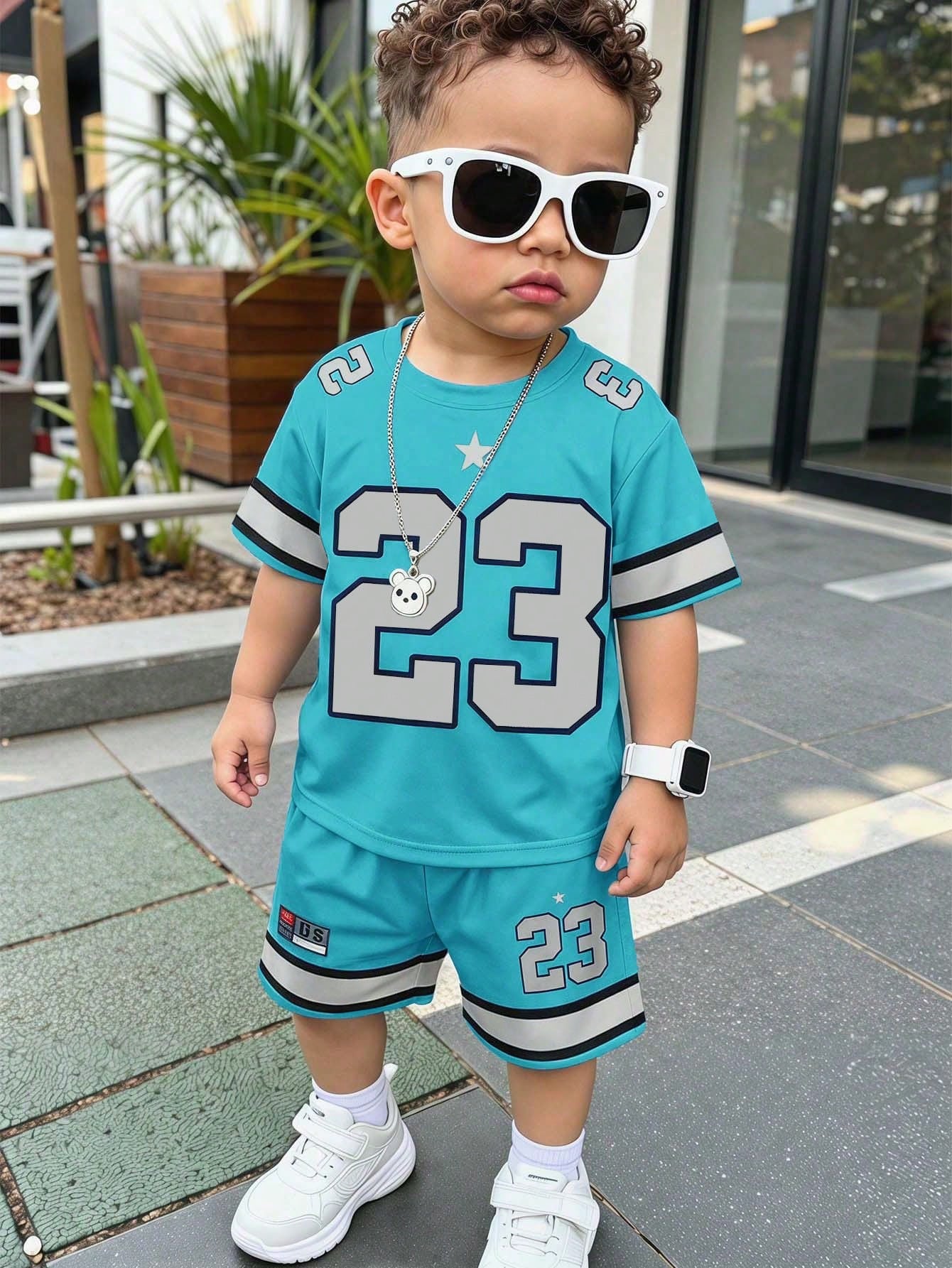 Baby Boy Casual Cowboy Minimalist Number Print T-Shirt And Shorts Set, Suitable For Summer Beach Teal