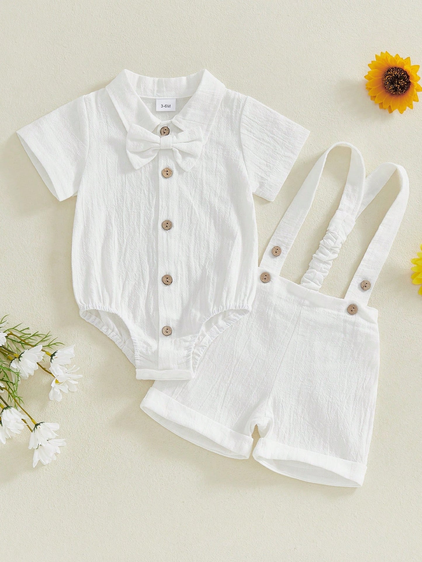 Baby Boy Gentleman Outfit Solid Color Short Sleeve Lapel Neck Romper With Suspender Shorts And Bowtie 3 Pcs Set