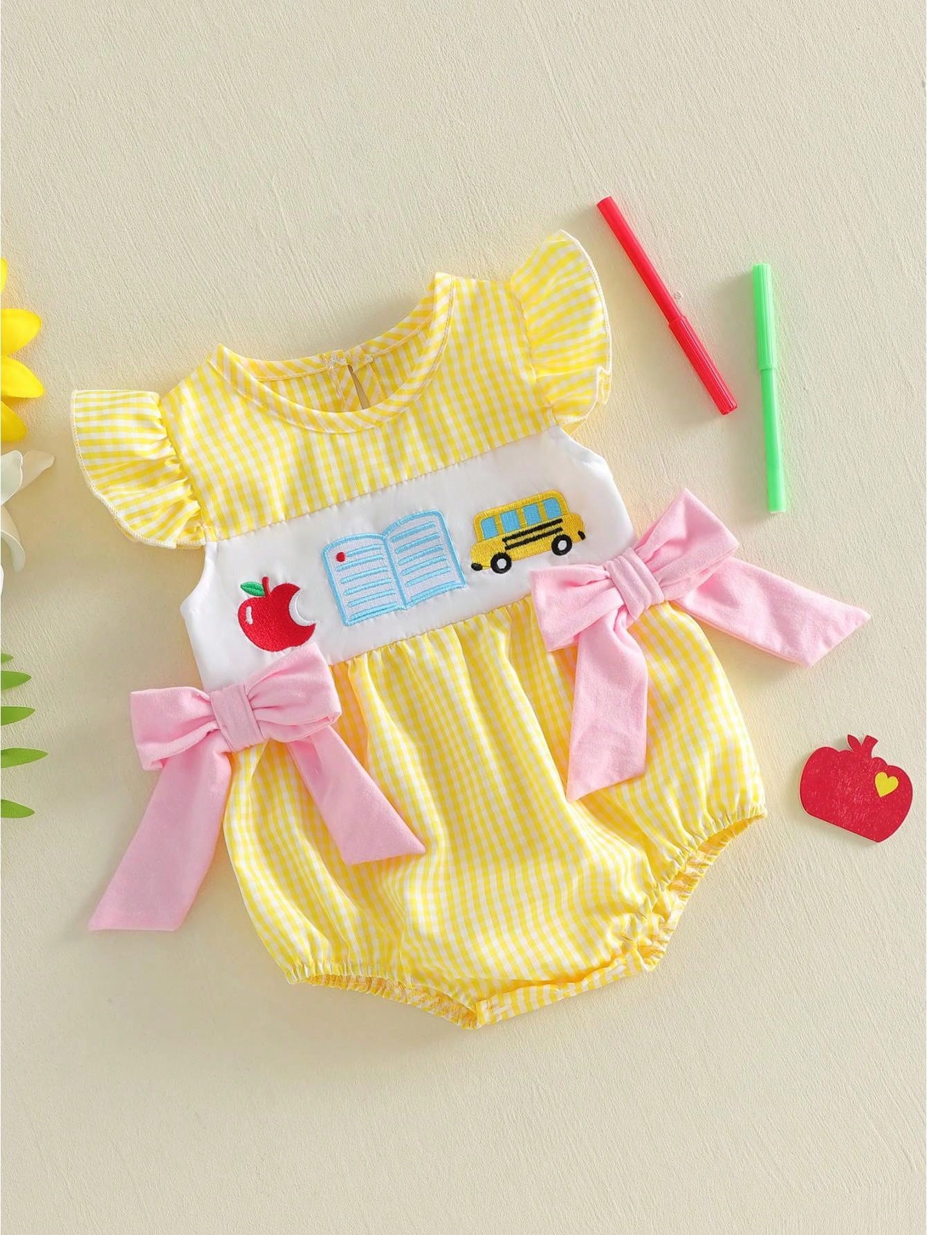 Baby Girl Back To School Outfit First Day Of School Pre K Plaid Crew Neck Flying Sleeve Bubble Romper Cute Summer Clothes