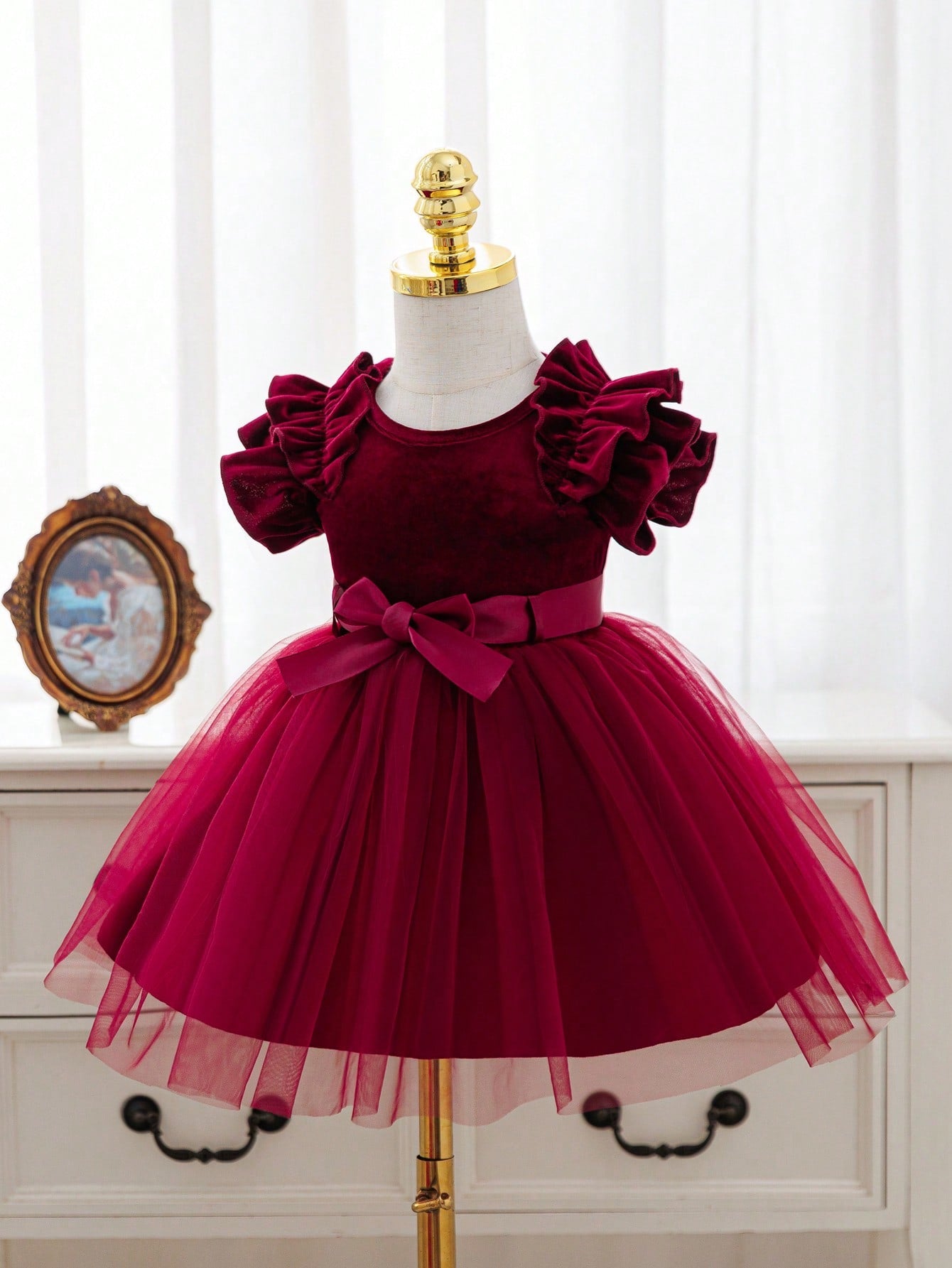 Baby Girl Elegant Burgundy Velvet Princess Dress, Infant Ruffle Flutter Sleeve Gown With Satin Bowknot Tulle Tutu For Christmas 1st Birthday Party