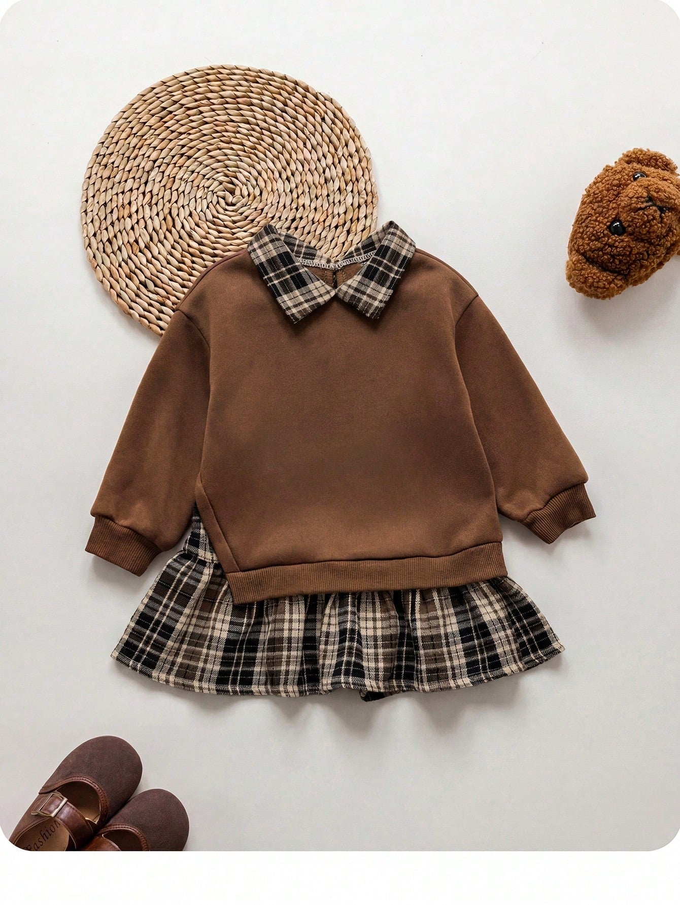 Babygirl Cute Brown Knitted Patchwork Plaid Long Sleeve Autumn Winter Dress