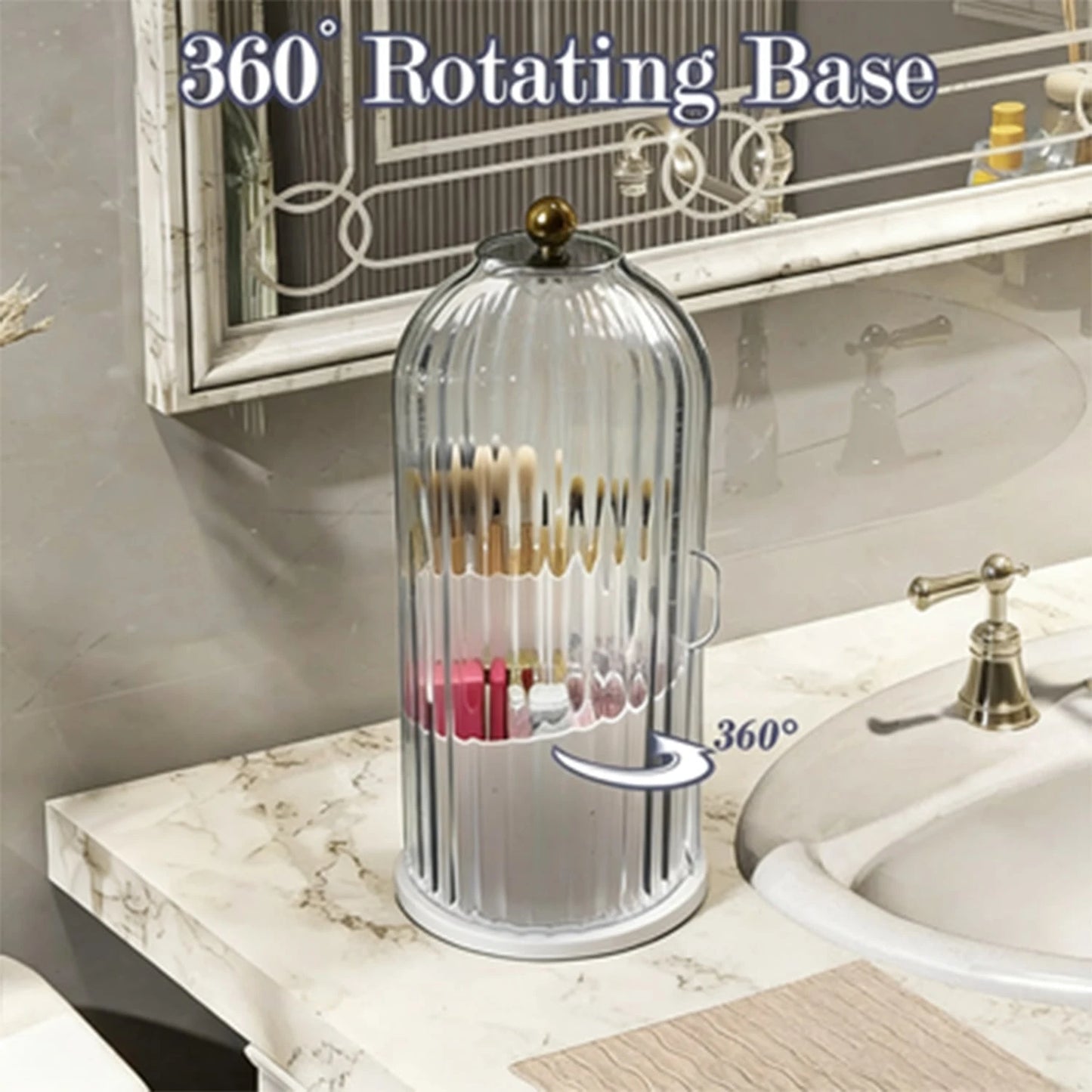 Bathroom Organizer With Sliding Lid Christmas Gift Idea,Rotating Toothbrush Holder With Sliding Lid 3 Slots,Bathroom Counter Organizer For Makeup Brushes And Toothbrush,No-Drill Bathroom Storage,Water