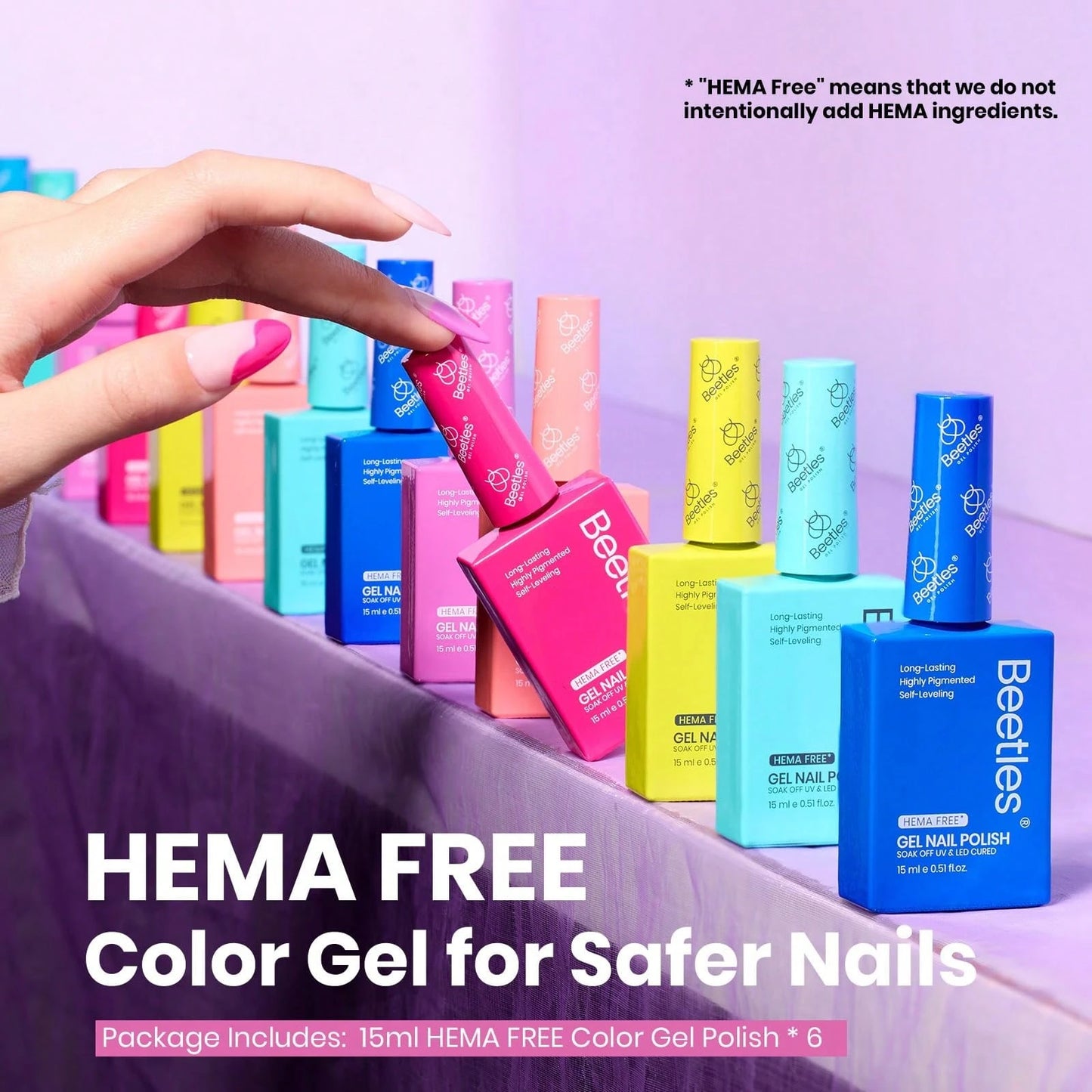 Beetles 15ML 6 Colors HEMA-Free Pastel Gel Polish- Fairy Tale Dream, Pastel Yellow Pink Blue Purple, Colorful Bottle, Soak Off UV LED Manicure