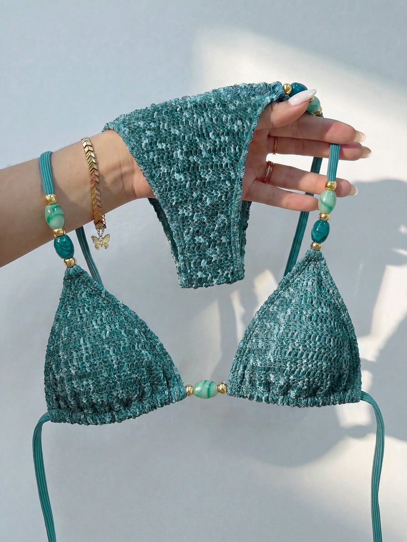 Bikinx Women's Elegant Textured Beaded Halter Bikini Set, Side Tie Bottoms, Backless Tie Swimwear, Suitable For Beach Vacation Summer, Resort Wear