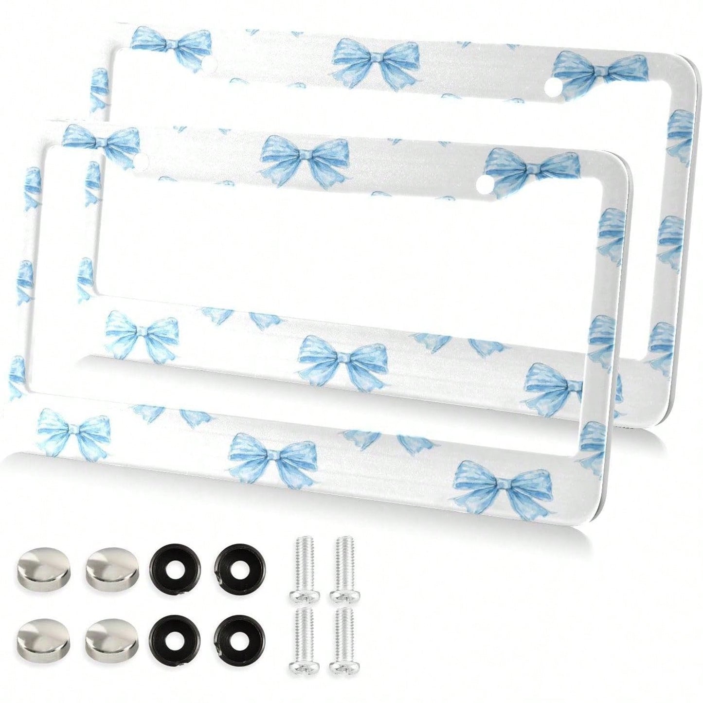 Blue Bows Tie License Plate Frame 2 Pack 2 Holes Car License Plate Holder Automotive Parts Decoration Universal With Screw Caps Cover