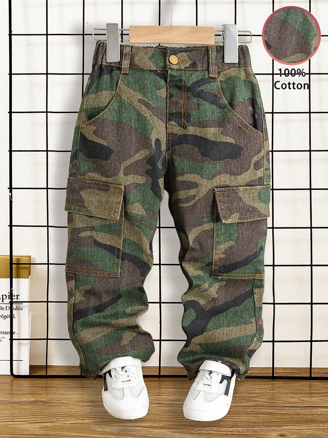 Boys' New Fashion Cargo Style Elastic Waist Multi-Pocket Design Casual Camouflage Denim Jeans Suitable For Street Style Matching School Outings Multi-Scenario Wear Camouflage Denim Jeans
