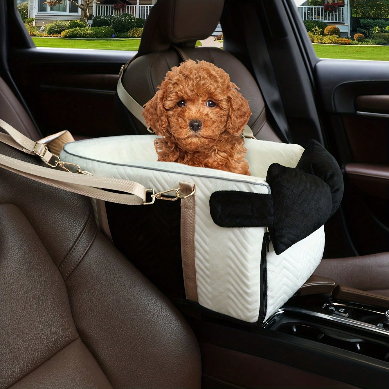 Car Pet Center Console Seat- Car Pet Travel Bag, Surface Easy To Clean Fabric, Interior Plush, Soft Grip Filling, Compatible Front And Rear Seats- Essential For Dogs And Cats Traveling- Suitable Fo