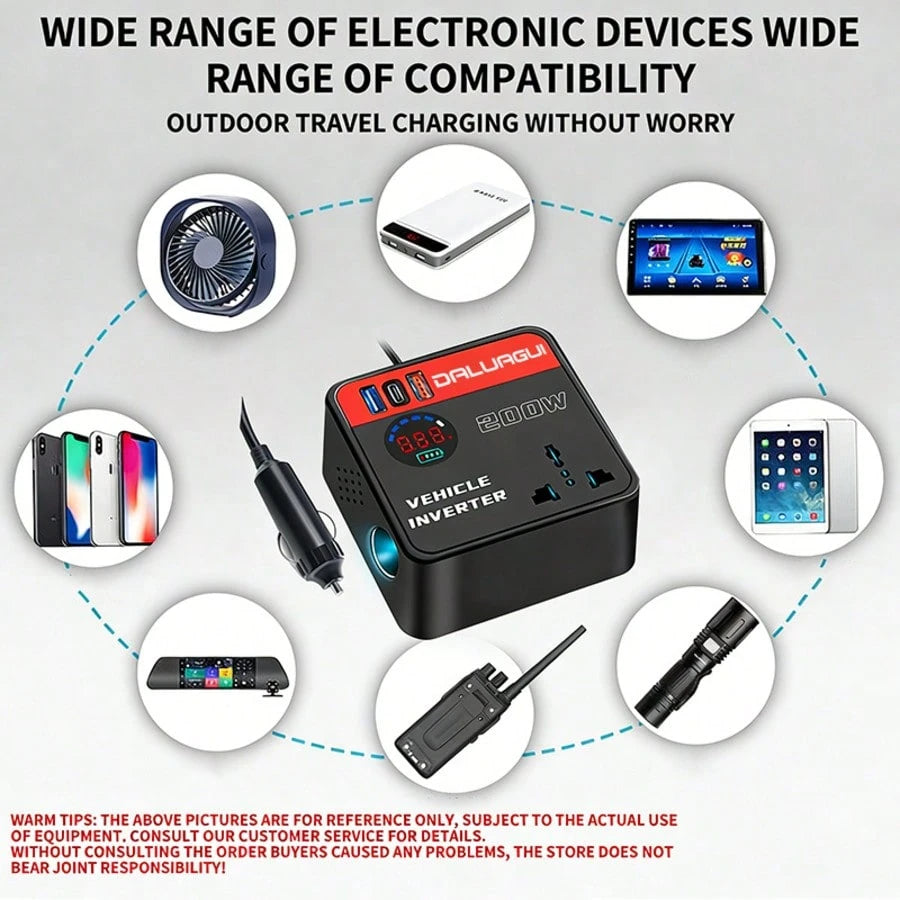 Car Power Inverter DC 12V To 110V 200W LED Digital Display 2 USB 1 Type-C 2 AC Sockets Portable Mobile Phone Tablet Notebook Charger Compatible With Car SUV Truck Travel Essential Outdoor, Car Accesso