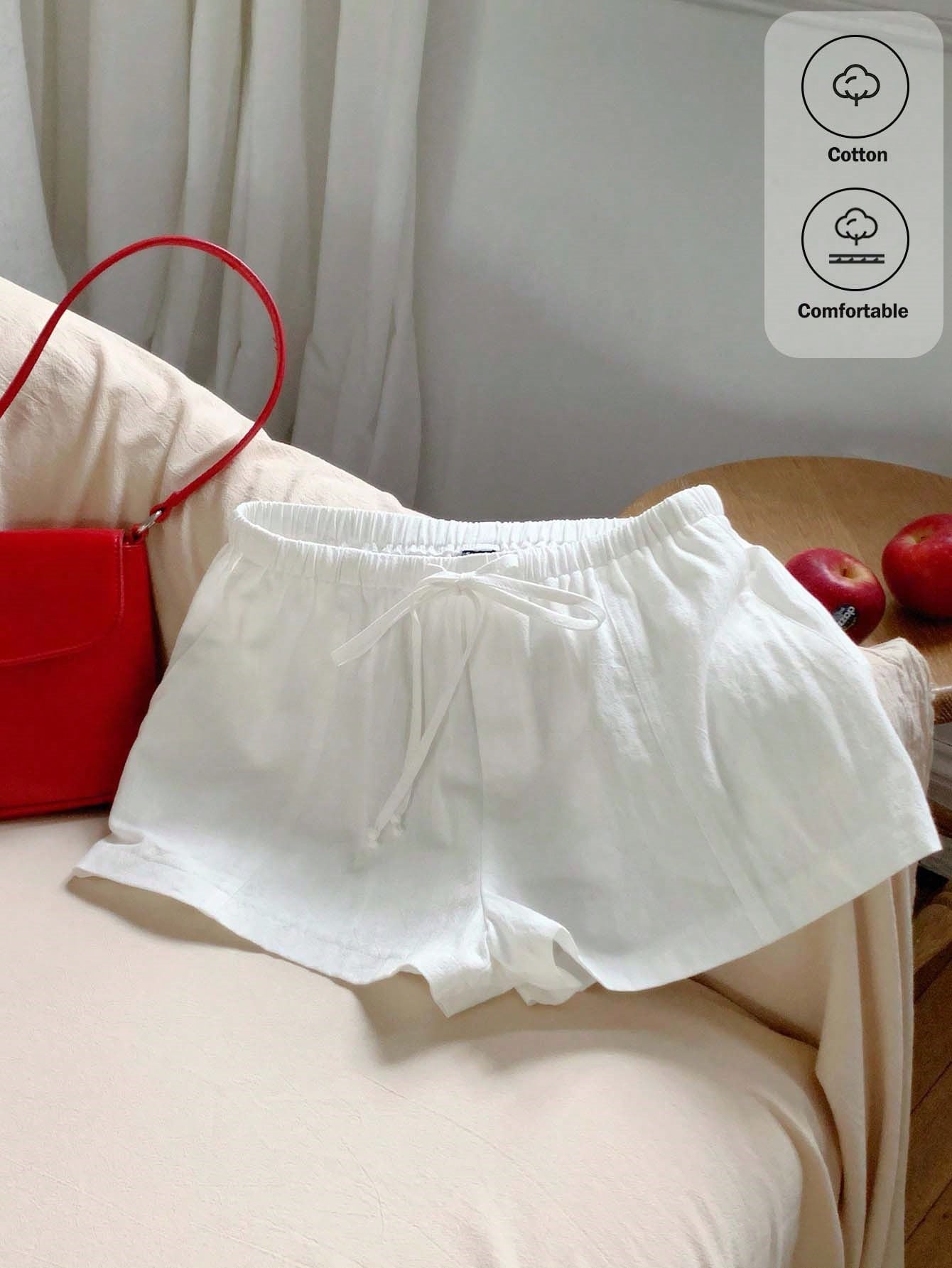 Comfortcana Women Casual Loose Drawstring Solid Color Shorts, Versatile For Everyday Wear White Linen Shorts Lounge Summer